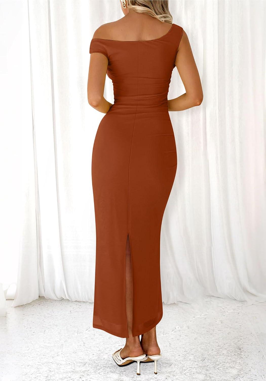 imageBTFBM 2026 Summer Wedding Guest Dresses for Women One Shoulder Bodycon Ruched Mesh Formal Cocktail Spring Fall Maxi DressCaramel