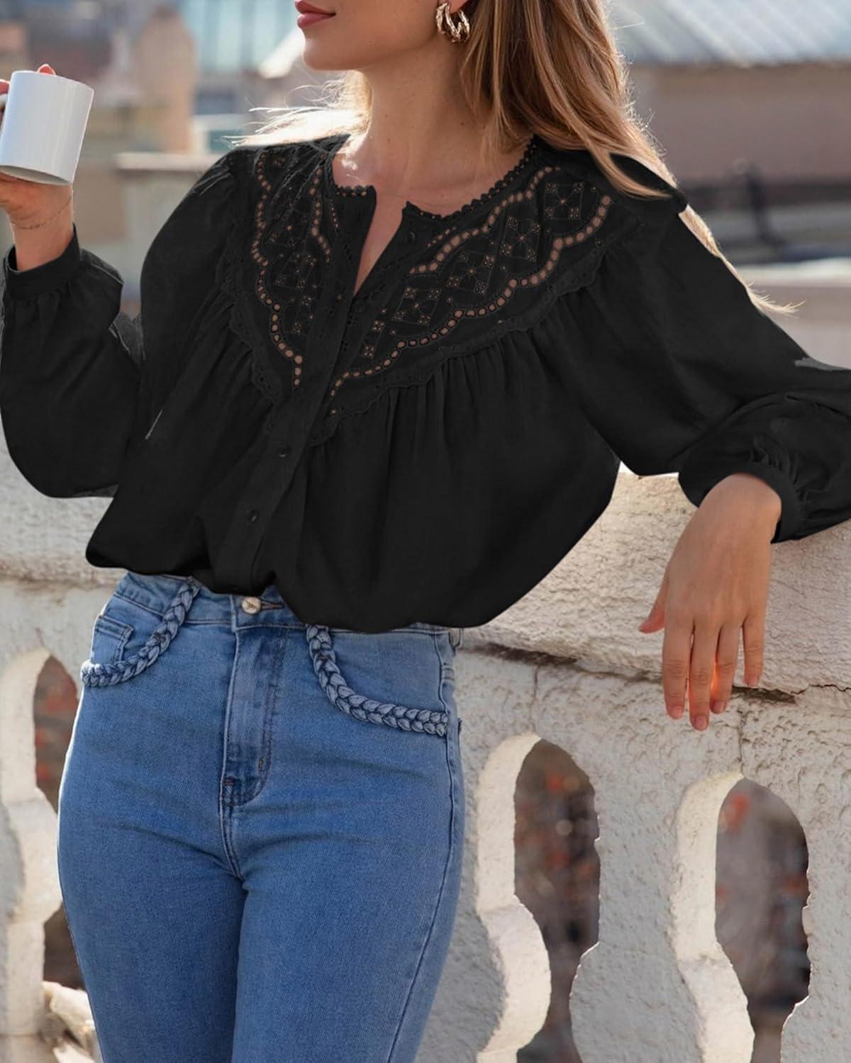 imageBTFBM Blouses for Women Dressy Casual Fall Clothes 2025 Lace Long Sleeve Tops Lightweight Spring Button Down ShirtsBlack