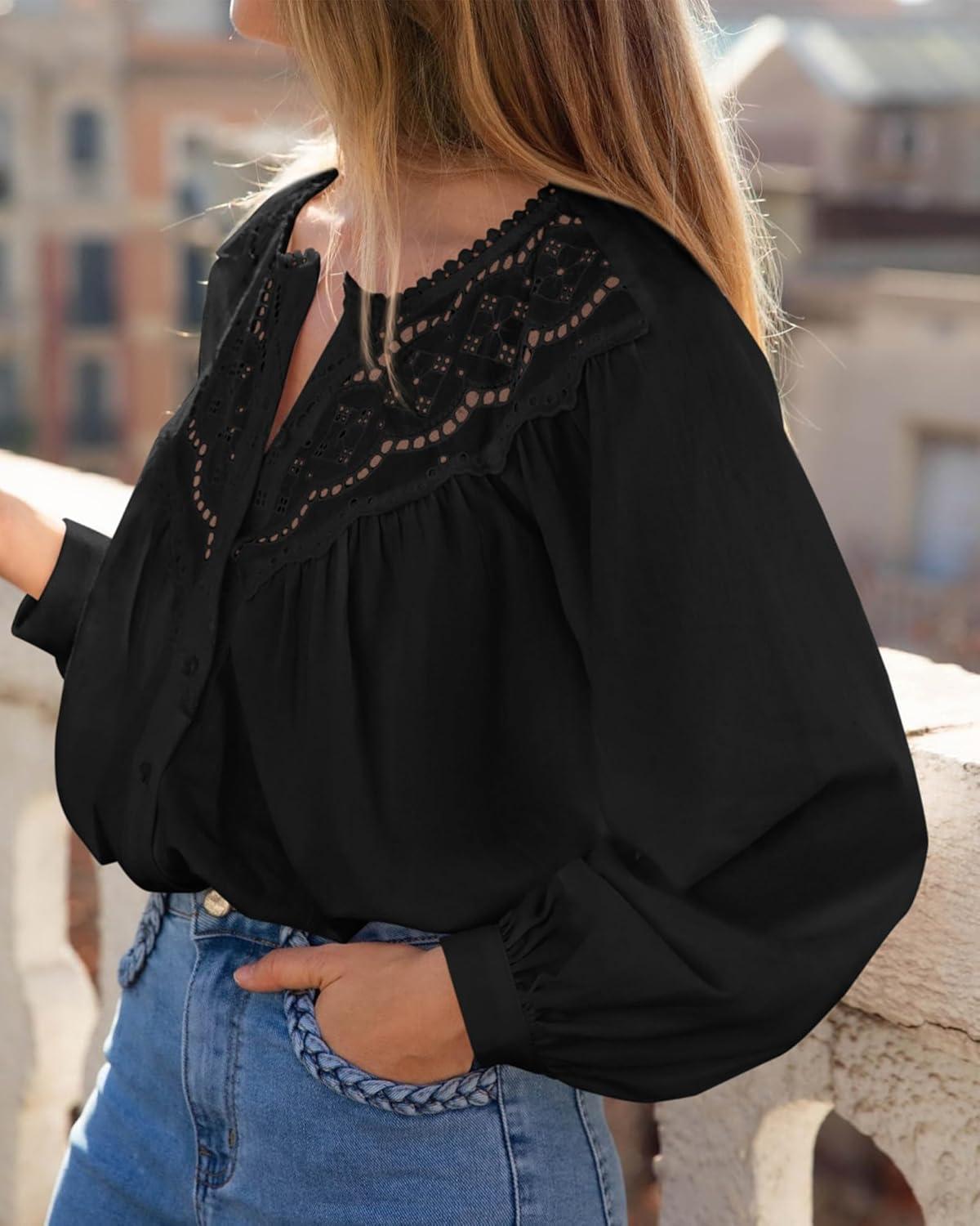 imageBTFBM Blouses for Women Dressy Casual Fall Clothes 2025 Lace Long Sleeve Tops Lightweight Spring Button Down ShirtsBlack