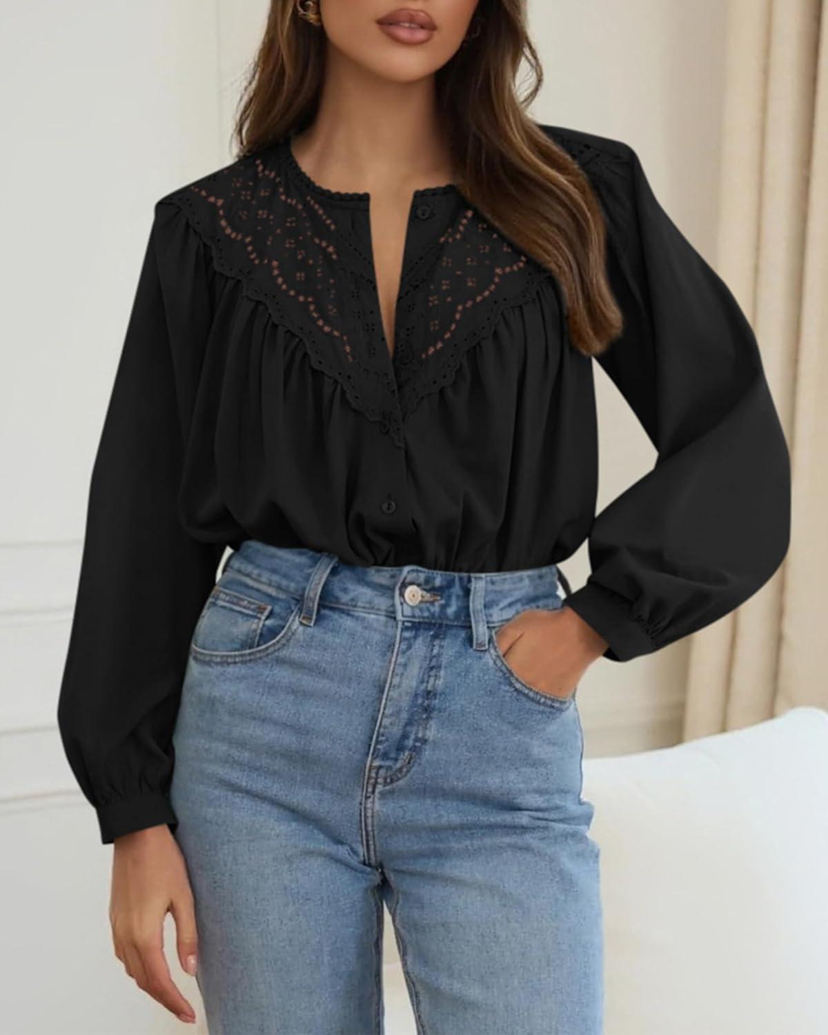 imageBTFBM Blouses for Women Dressy Casual Fall Clothes 2025 Lace Long Sleeve Tops Lightweight Spring Button Down ShirtsBlack