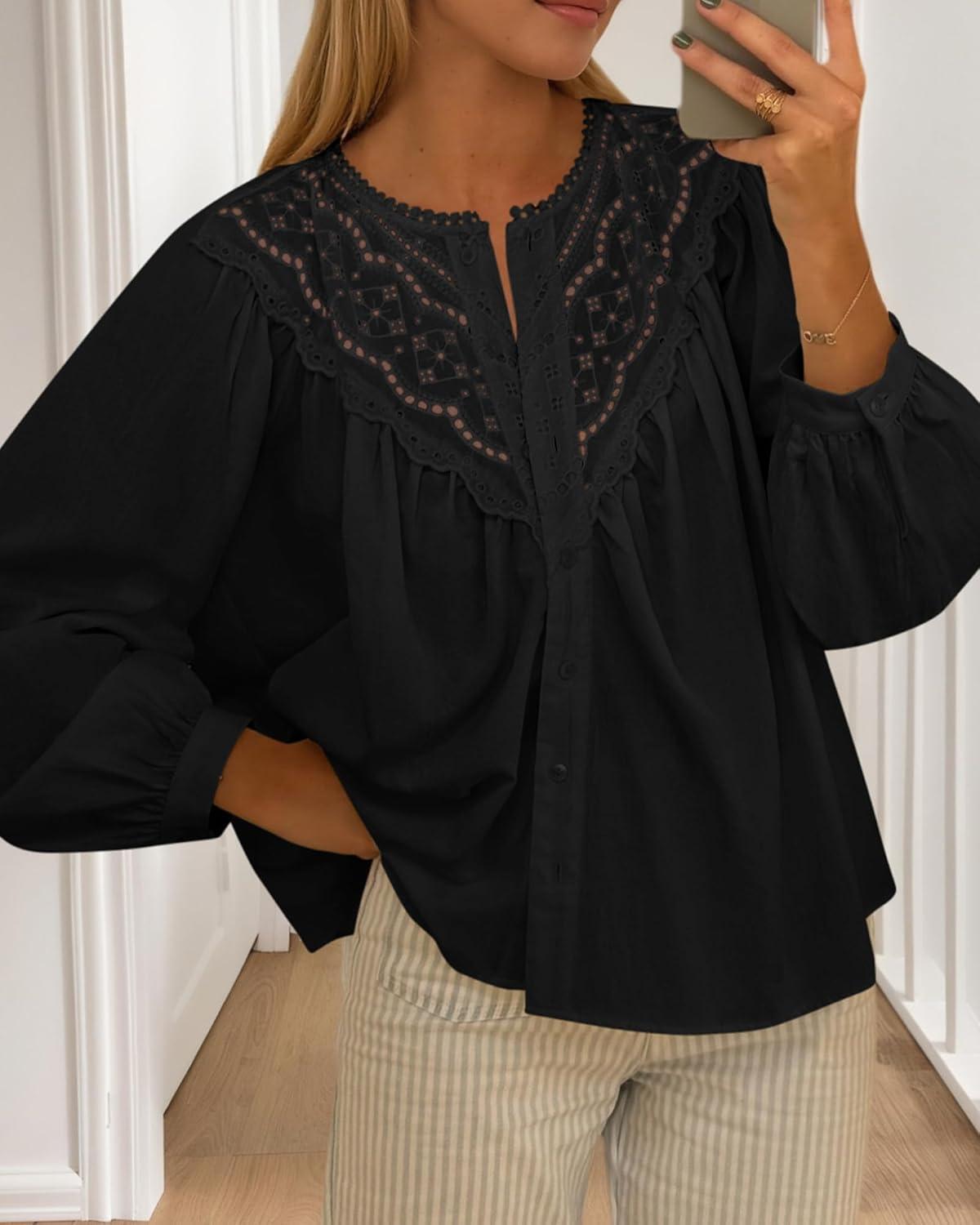 imageBTFBM Blouses for Women Dressy Casual Fall Clothes 2025 Lace Long Sleeve Tops Lightweight Spring Button Down ShirtsBlack