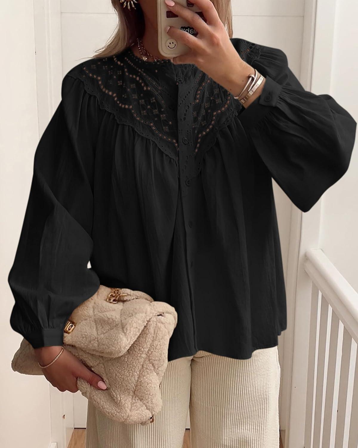 imageBTFBM Blouses for Women Dressy Casual Fall Clothes 2025 Lace Long Sleeve Tops Lightweight Spring Button Down ShirtsBlack