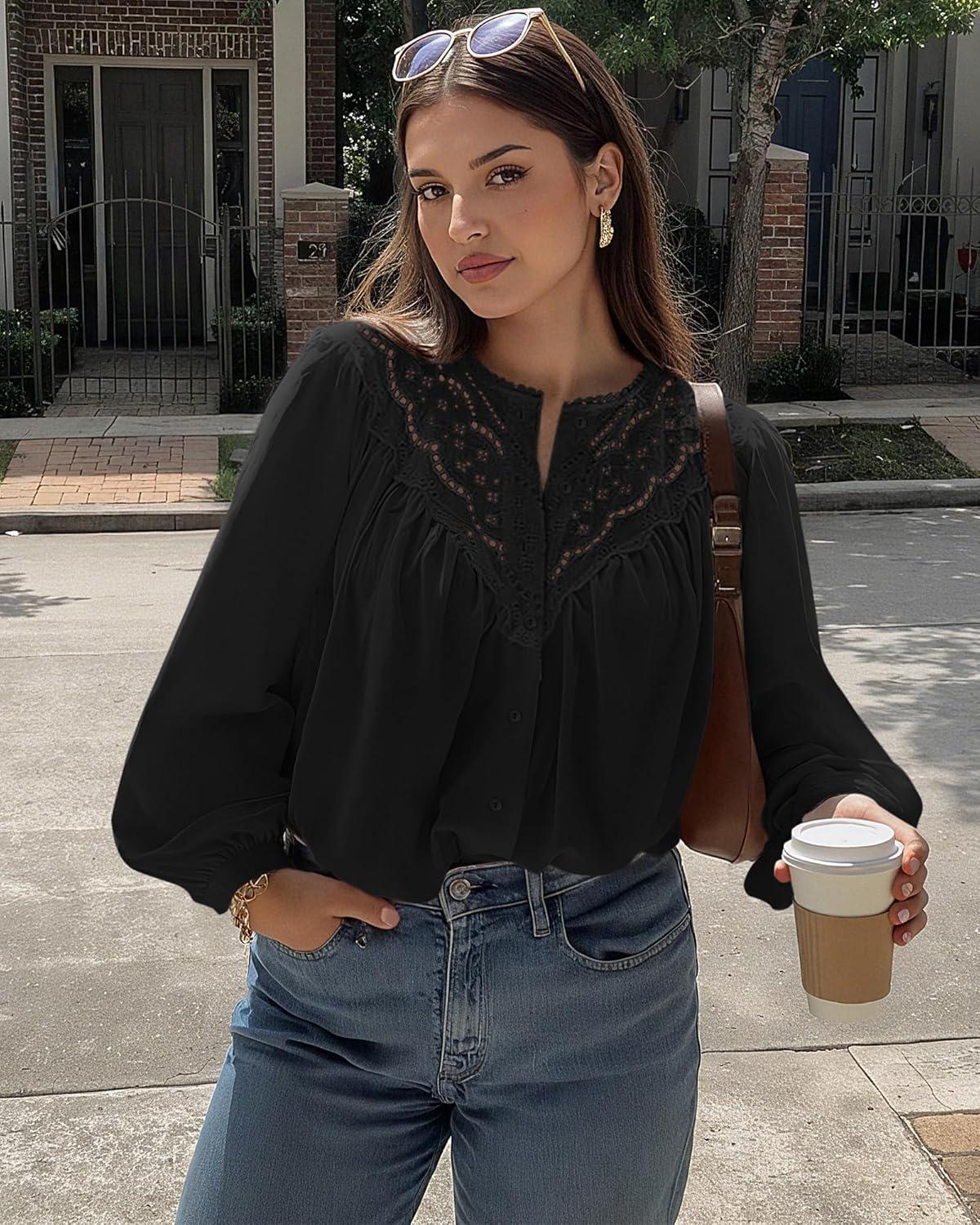imageBTFBM Blouses for Women Dressy Casual Fall Clothes 2025 Lace Long Sleeve Tops Lightweight Spring Button Down ShirtsBlack