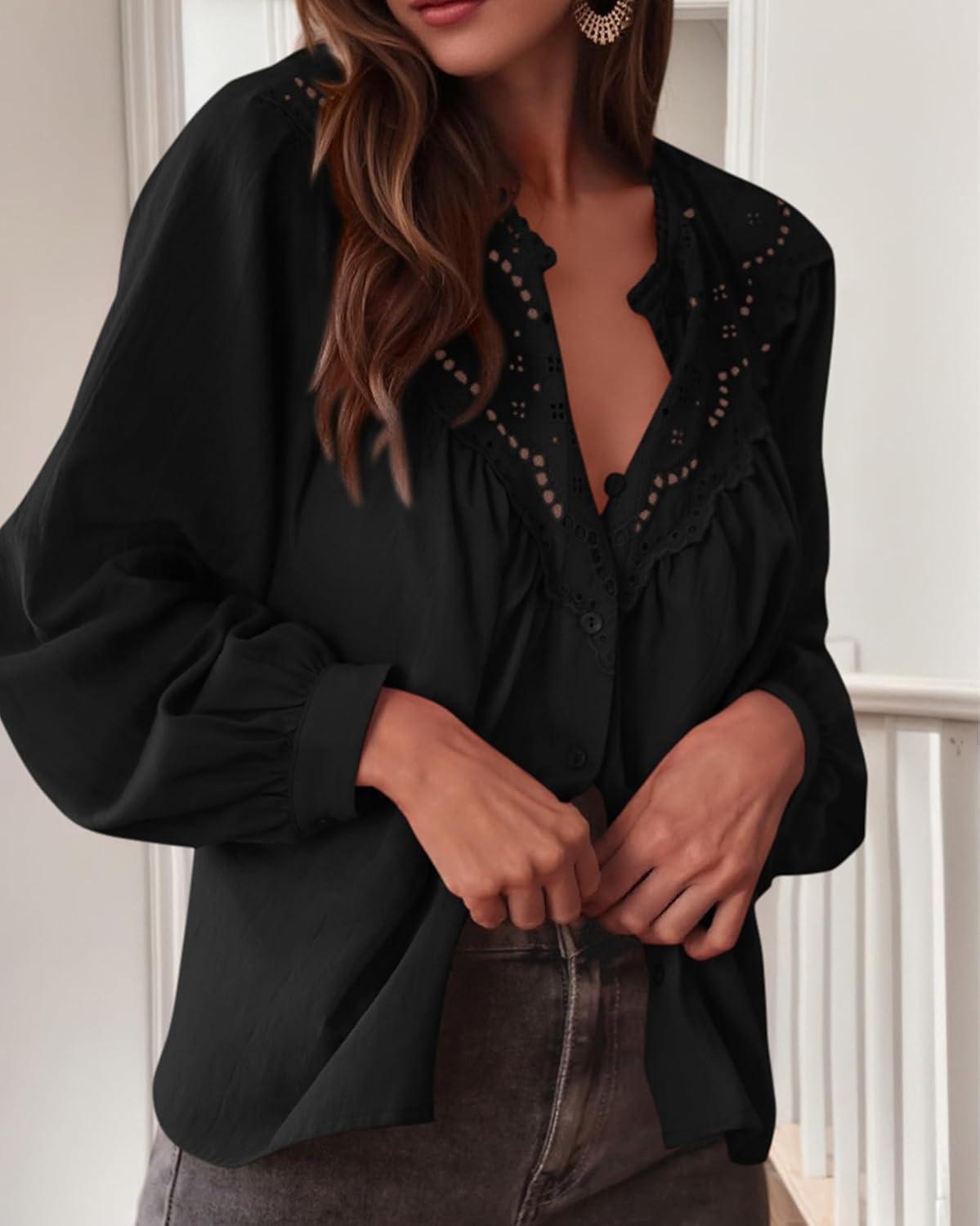imageBTFBM Blouses for Women Dressy Casual Fall Clothes 2025 Lace Long Sleeve Tops Lightweight Spring Button Down ShirtsBlack