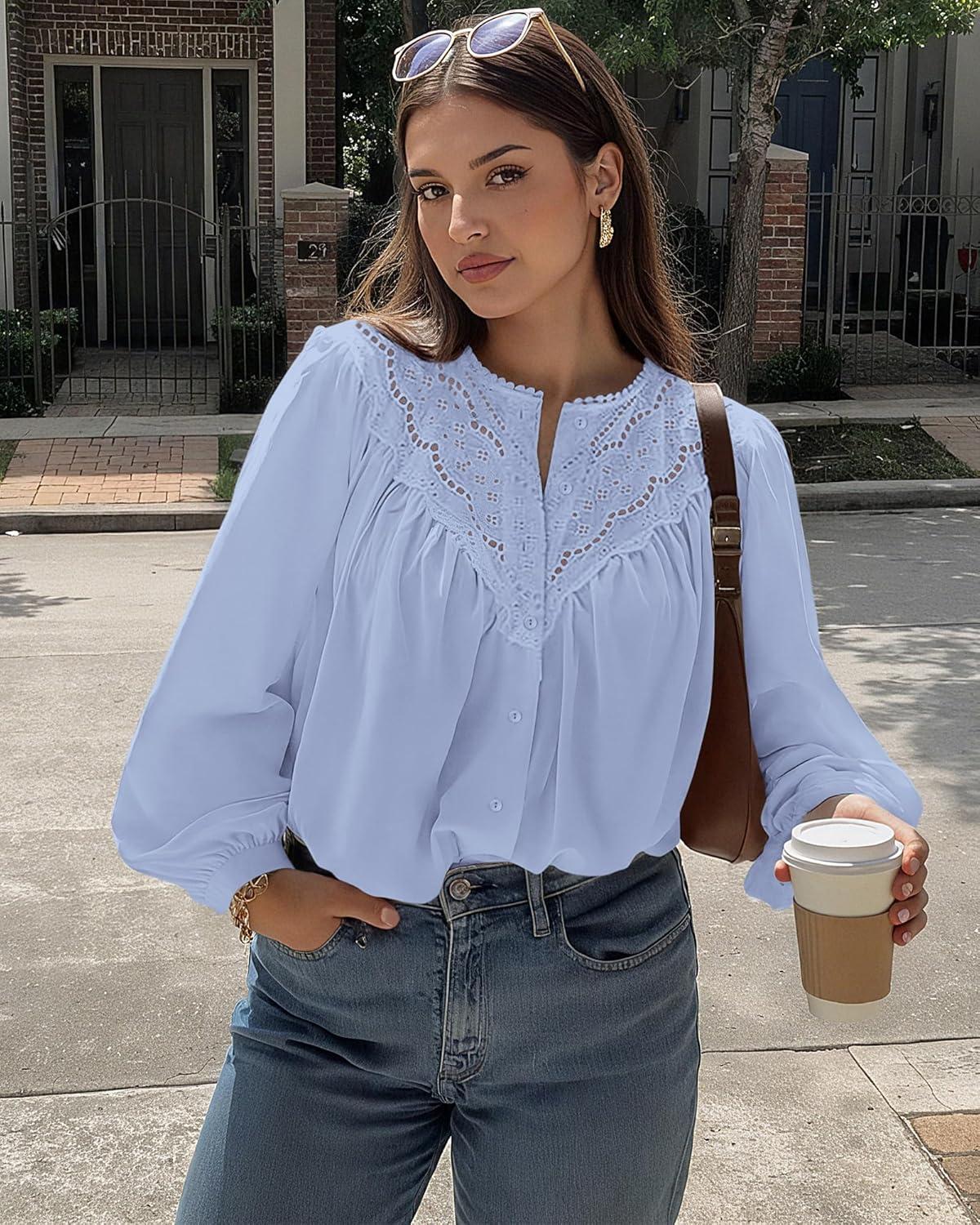 imageBTFBM Blouses for Women Dressy Casual Fall Clothes 2025 Lace Long Sleeve Tops Lightweight Spring Button Down ShirtsLight Blue