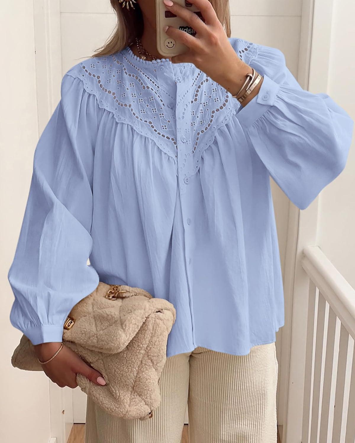 imageBTFBM Blouses for Women Dressy Casual Fall Clothes 2025 Lace Long Sleeve Tops Lightweight Spring Button Down ShirtsLight Blue