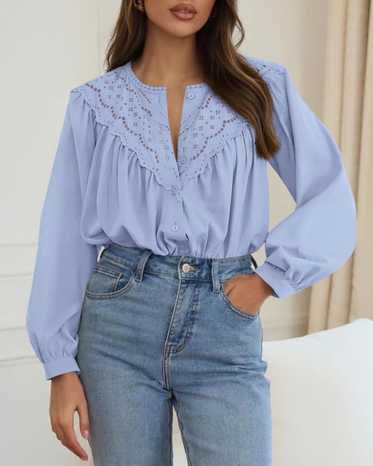 imageBTFBM Blouses for Women Dressy Casual Fall Clothes 2025 Lace Long Sleeve Tops Lightweight Spring Button Down ShirtsLight Blue