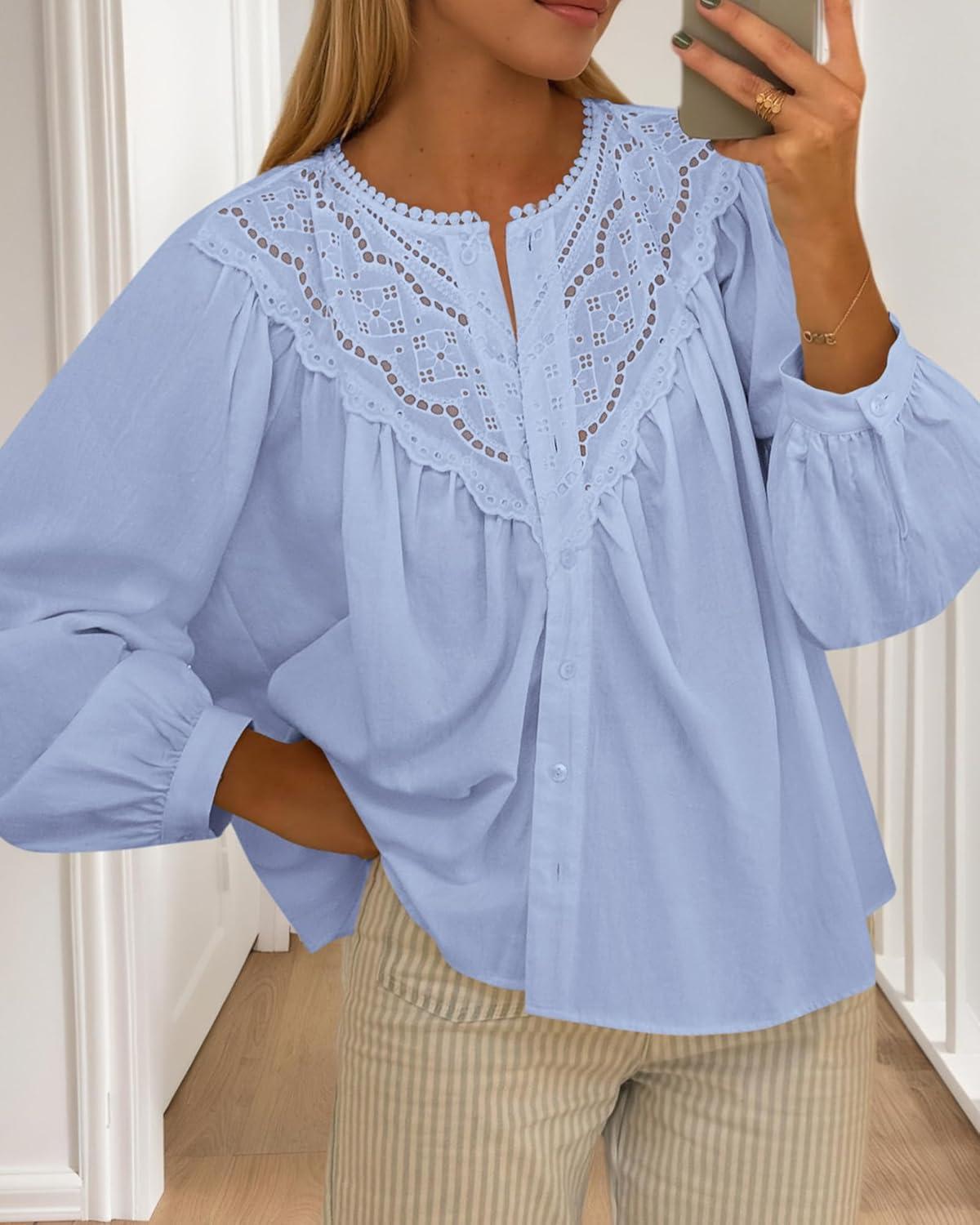 imageBTFBM Blouses for Women Dressy Casual Fall Clothes 2025 Lace Long Sleeve Tops Lightweight Spring Button Down ShirtsLight Blue