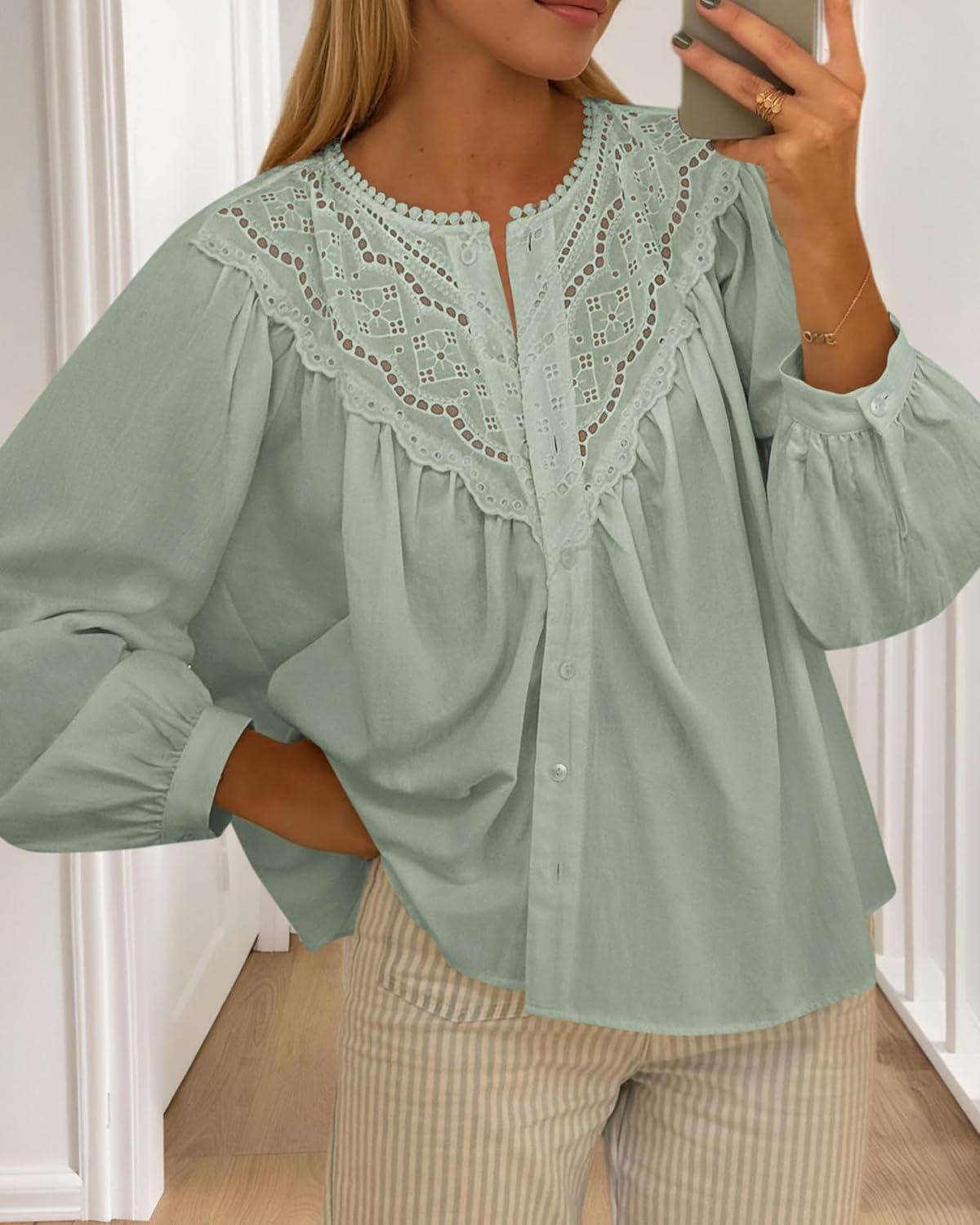 imageBTFBM Blouses for Women Dressy Casual Fall Clothes 2025 Lace Long Sleeve Tops Lightweight Spring Button Down ShirtsLight Green
