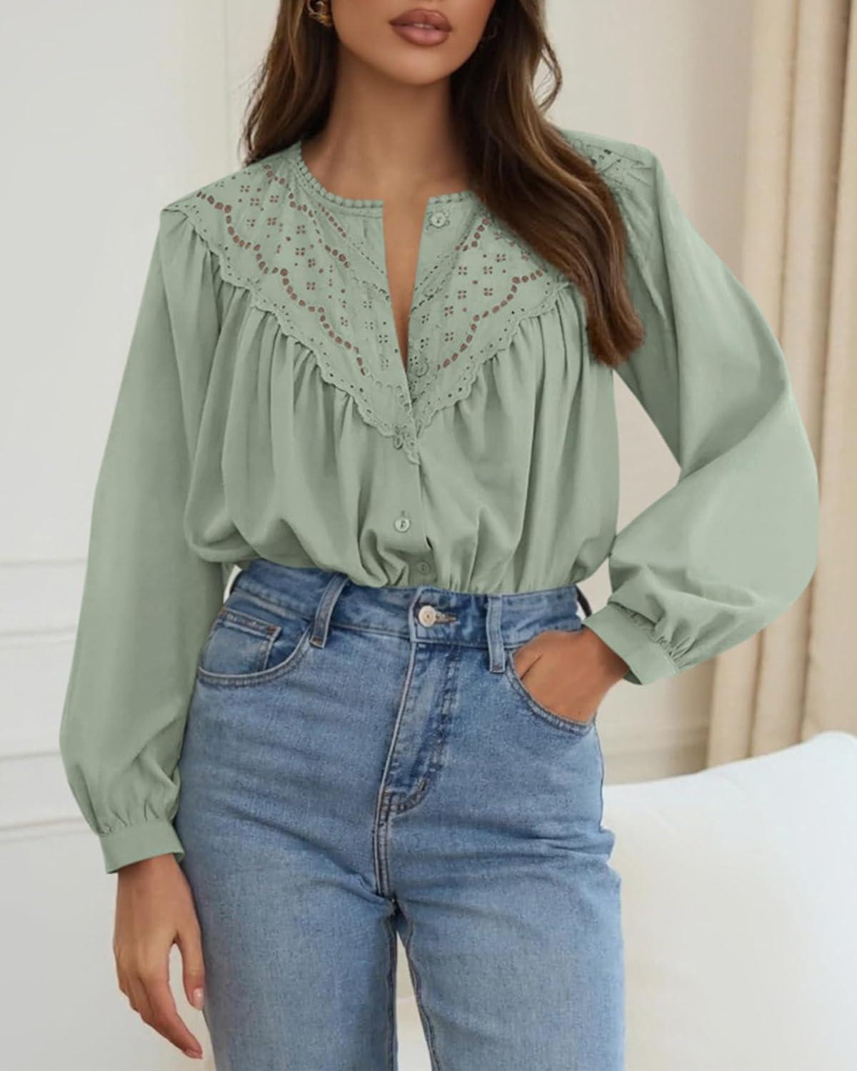 imageBTFBM Blouses for Women Dressy Casual Fall Clothes 2025 Lace Long Sleeve Tops Lightweight Spring Button Down ShirtsLight Green