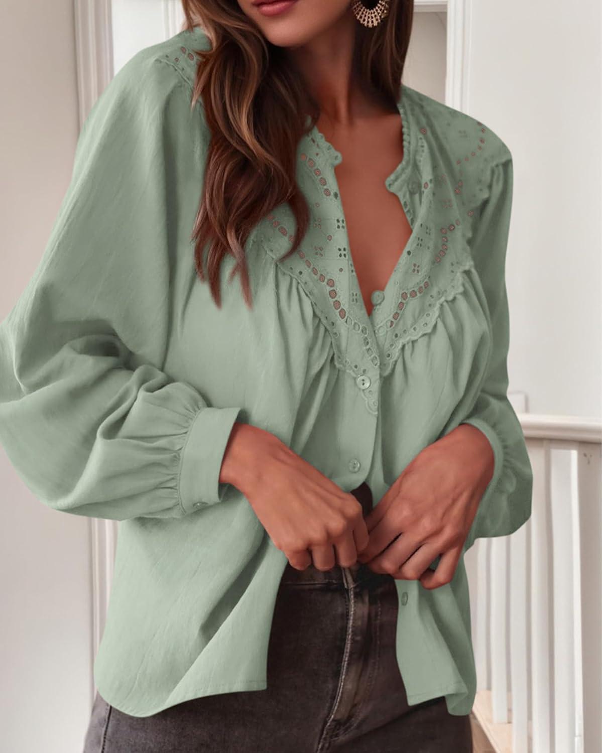 imageBTFBM Blouses for Women Dressy Casual Fall Clothes 2025 Lace Long Sleeve Tops Lightweight Spring Button Down ShirtsLight Green
