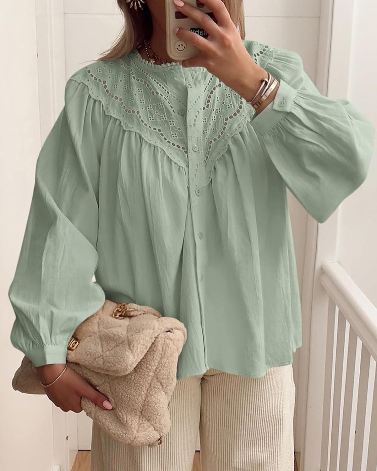 imageBTFBM Blouses for Women Dressy Casual Fall Clothes 2025 Lace Long Sleeve Tops Lightweight Spring Button Down ShirtsLight Green