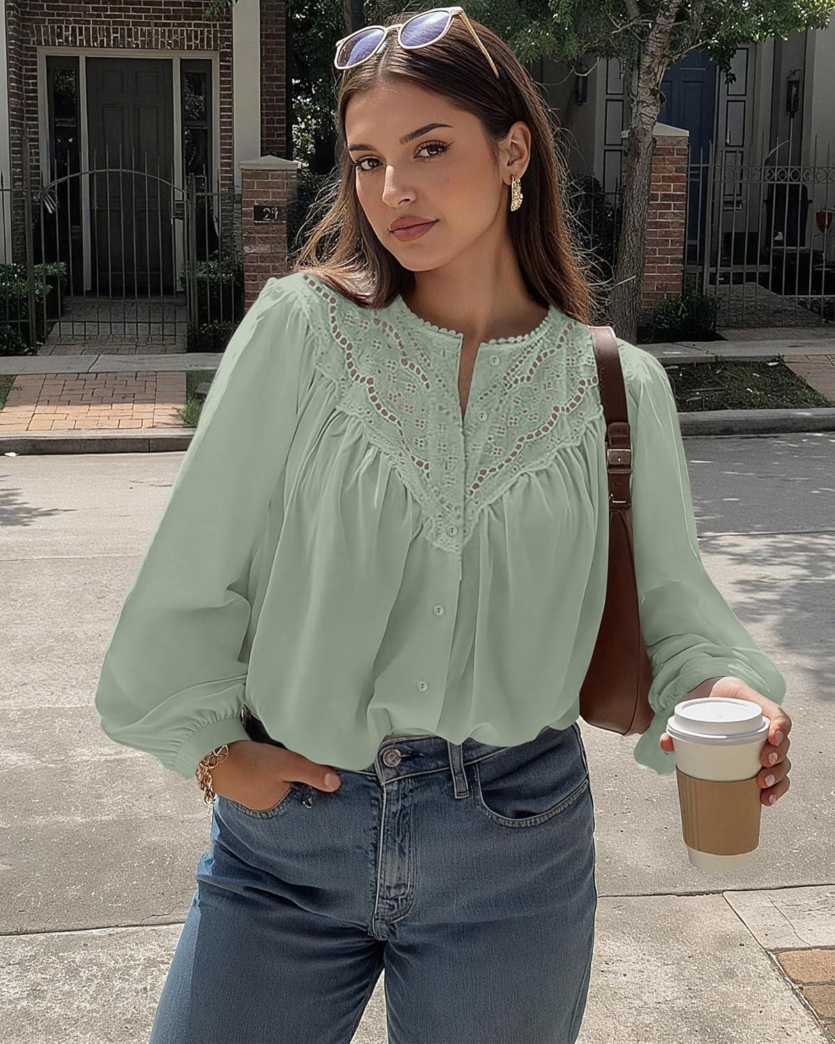 imageBTFBM Blouses for Women Dressy Casual Fall Clothes 2025 Lace Long Sleeve Tops Lightweight Spring Button Down ShirtsLight Green