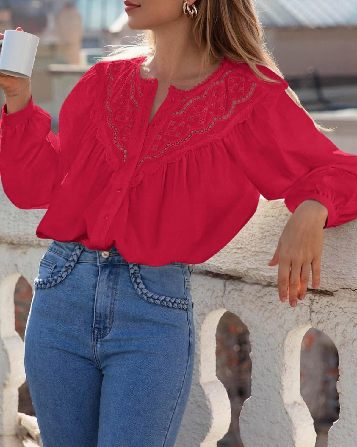 imageBTFBM Blouses for Women Dressy Casual Fall Clothes 2025 Lace Long Sleeve Tops Lightweight Spring Button Down ShirtsRed