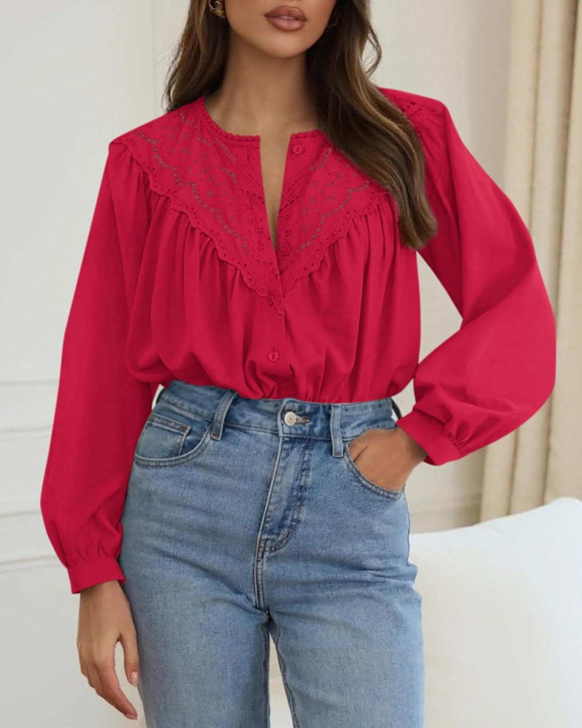 imageBTFBM Blouses for Women Dressy Casual Fall Clothes 2025 Lace Long Sleeve Tops Lightweight Spring Button Down ShirtsRed