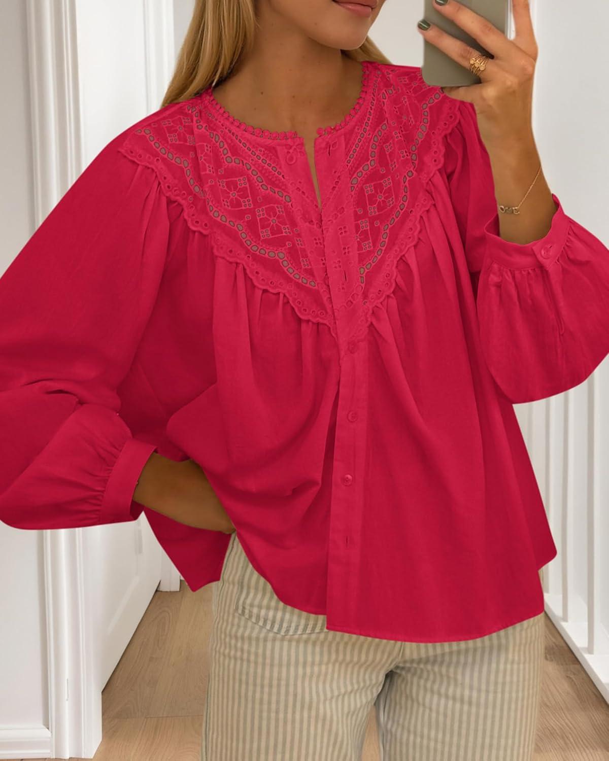 imageBTFBM Blouses for Women Dressy Casual Fall Clothes 2025 Lace Long Sleeve Tops Lightweight Spring Button Down ShirtsRed