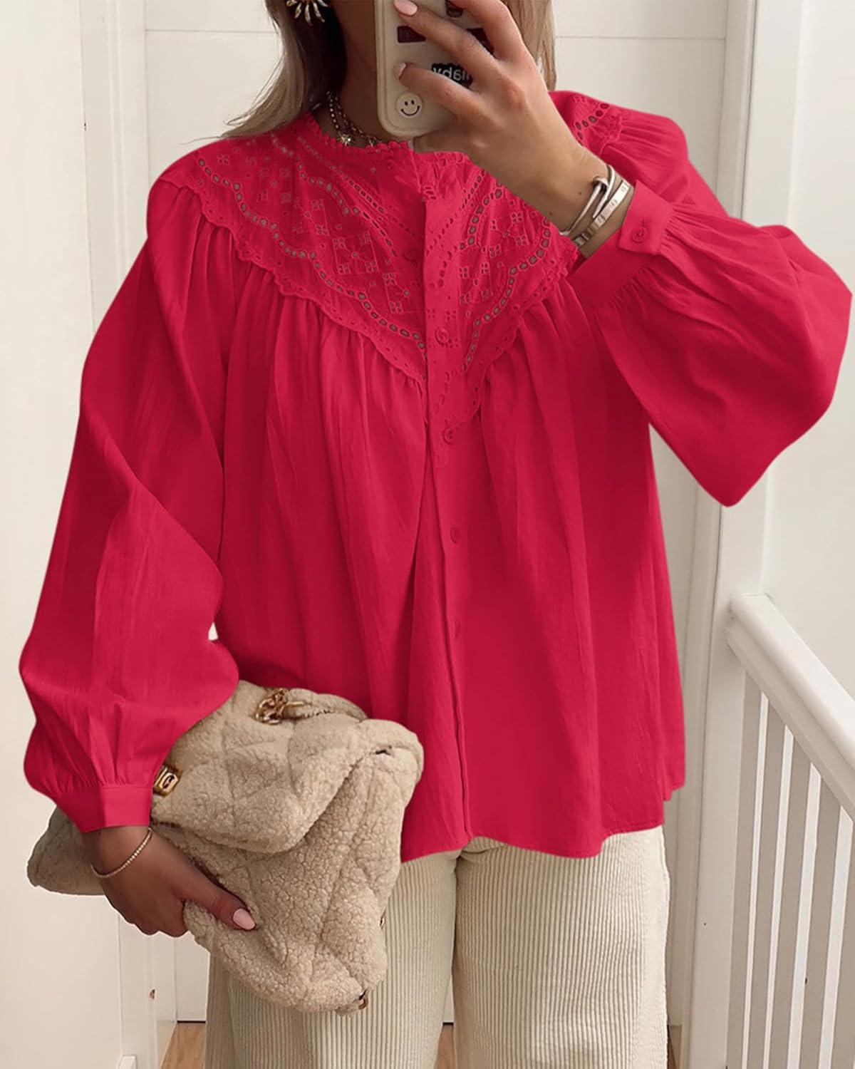 imageBTFBM Blouses for Women Dressy Casual Fall Clothes 2025 Lace Long Sleeve Tops Lightweight Spring Button Down ShirtsRed