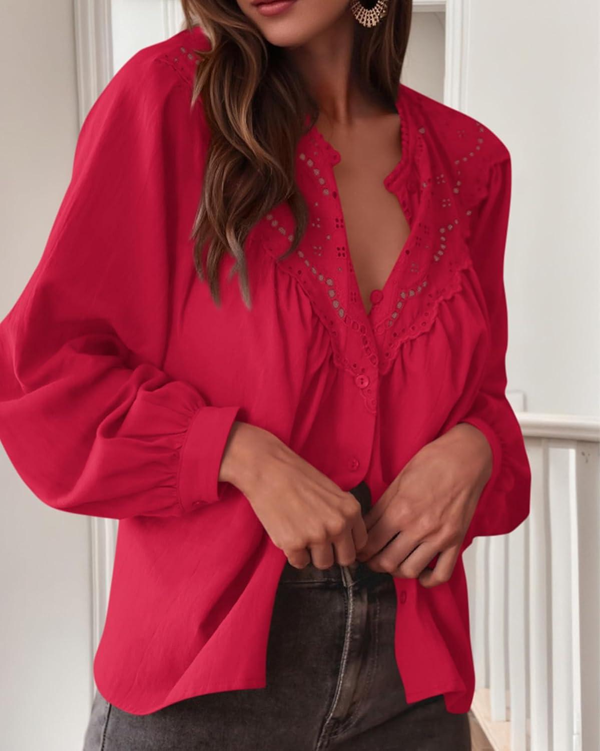 imageBTFBM Blouses for Women Dressy Casual Fall Clothes 2025 Lace Long Sleeve Tops Lightweight Spring Button Down ShirtsRed