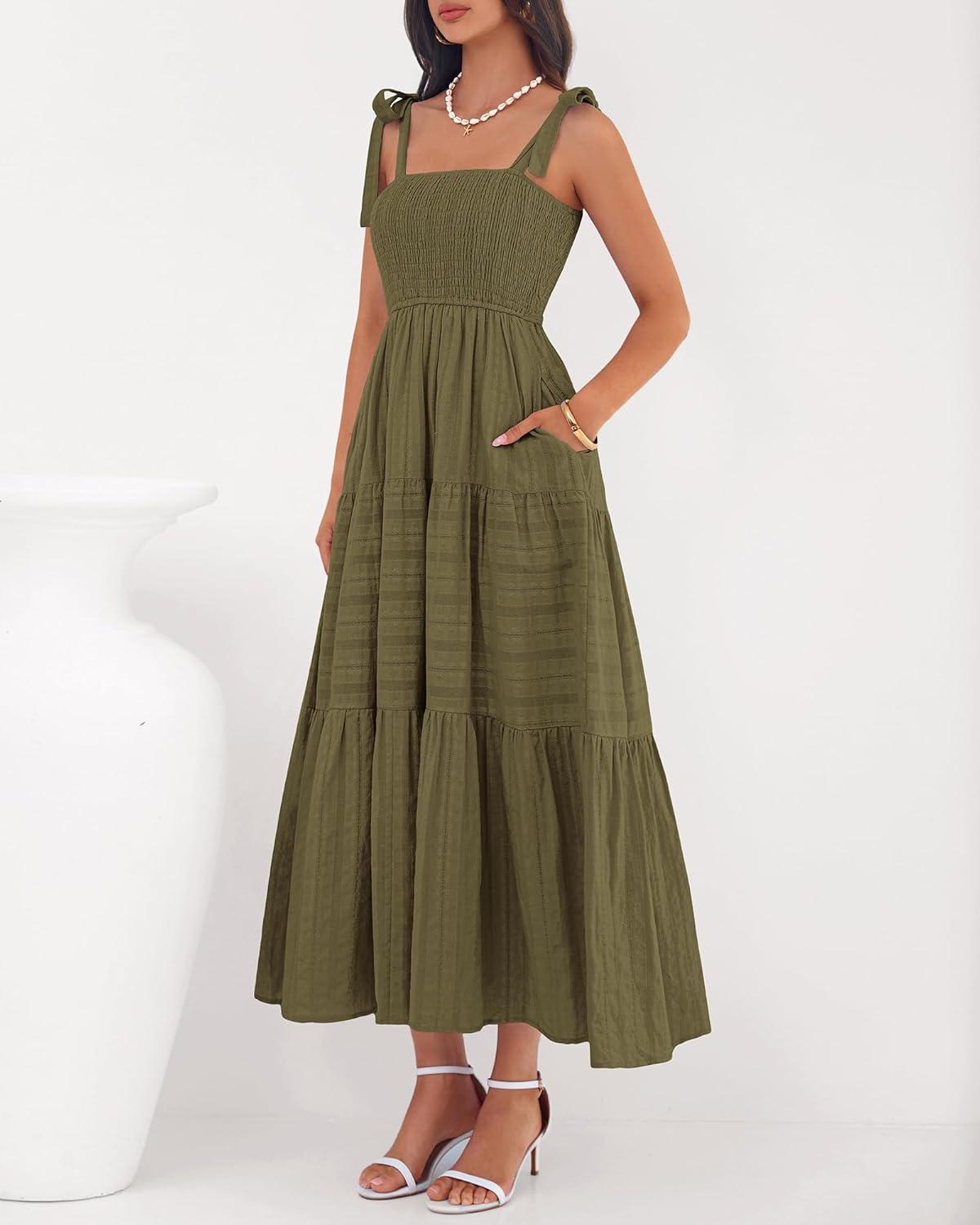 imageBTFBM Boho Maxi Dress Sleeveless Summer Dresses for Women 2026 Beach Vacation Smocked A Line Casual Sundress PocketsArmy Green