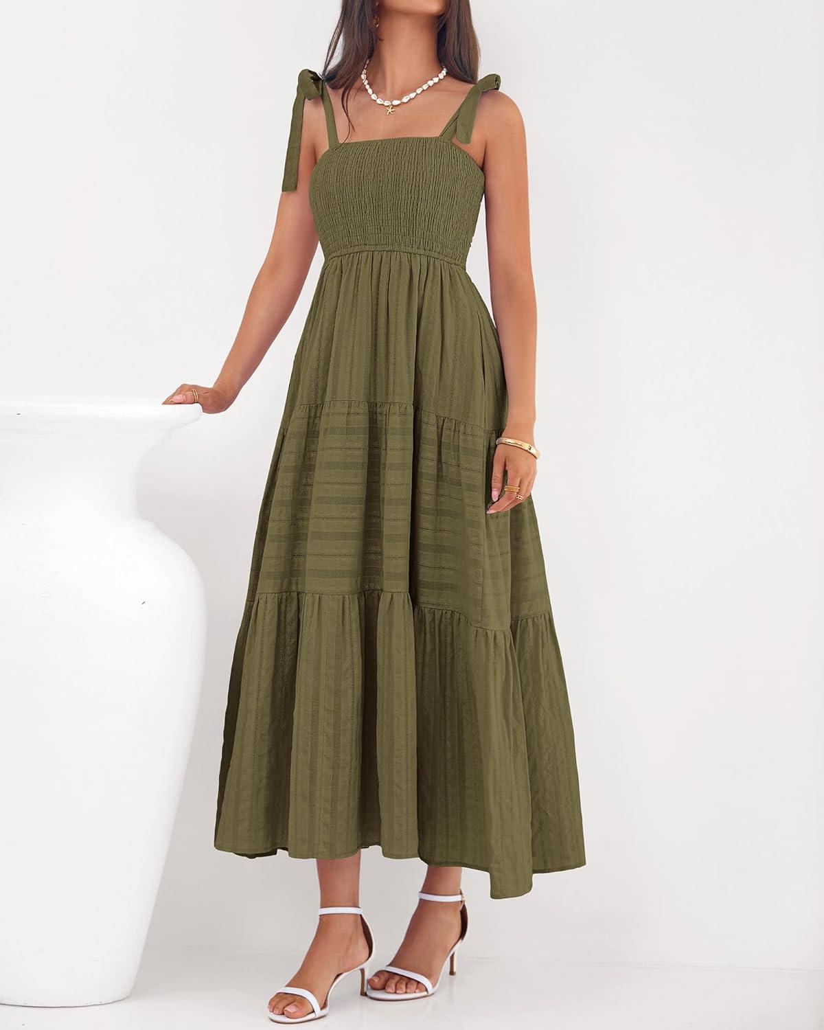 imageBTFBM Boho Maxi Dress Sleeveless Summer Dresses for Women 2026 Beach Vacation Smocked A Line Casual Sundress PocketsArmy Green