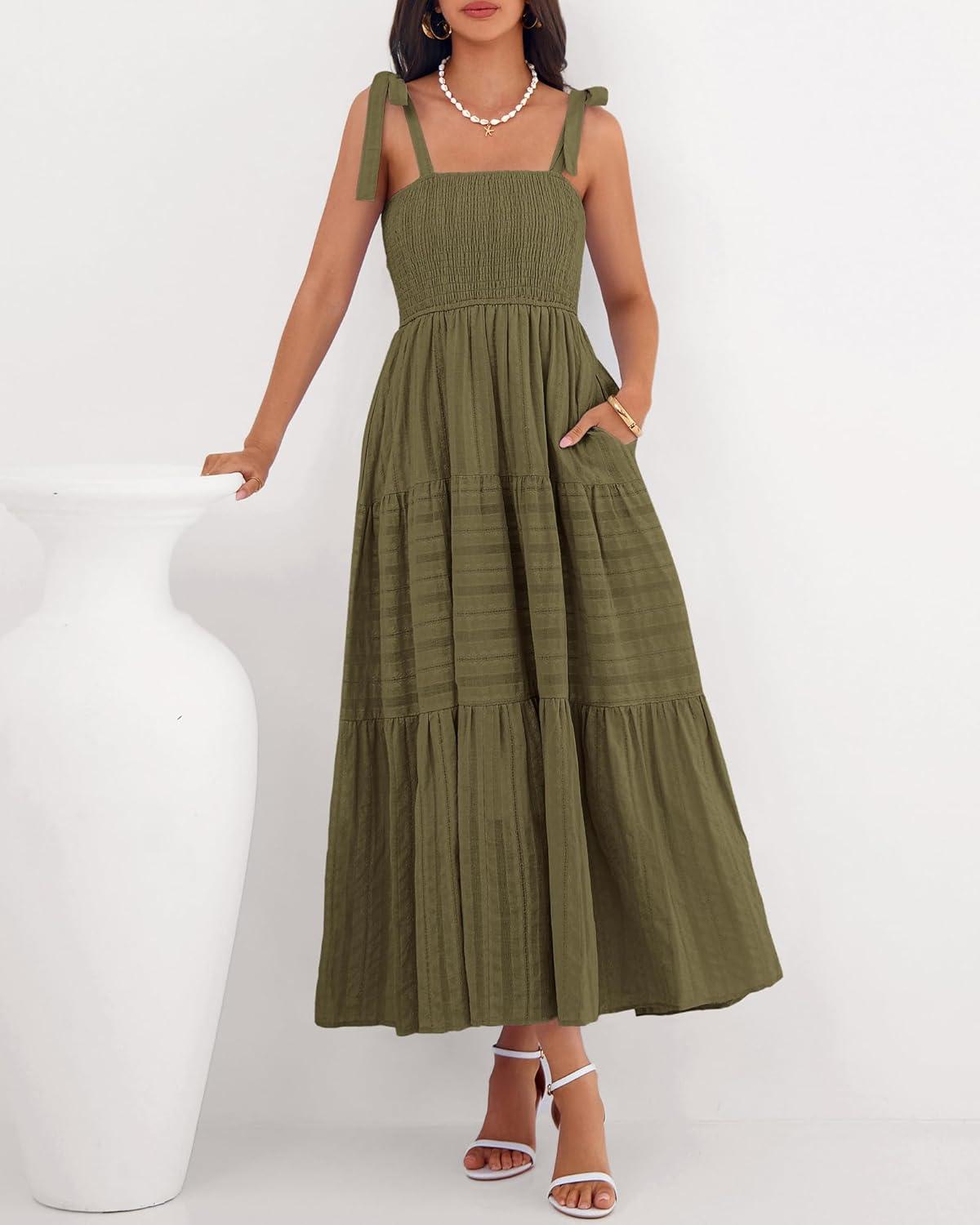 imageBTFBM Boho Maxi Dress Sleeveless Summer Dresses for Women 2026 Beach Vacation Smocked A Line Casual Sundress PocketsArmy Green