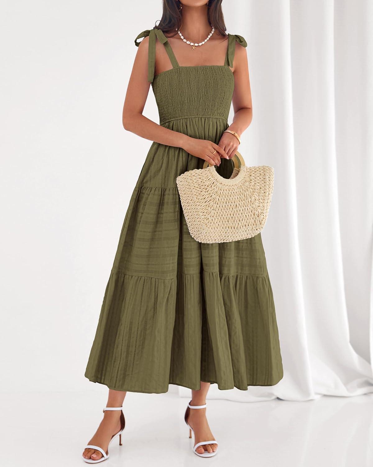 imageBTFBM Boho Maxi Dress Sleeveless Summer Dresses for Women 2026 Beach Vacation Smocked A Line Casual Sundress PocketsArmy Green
