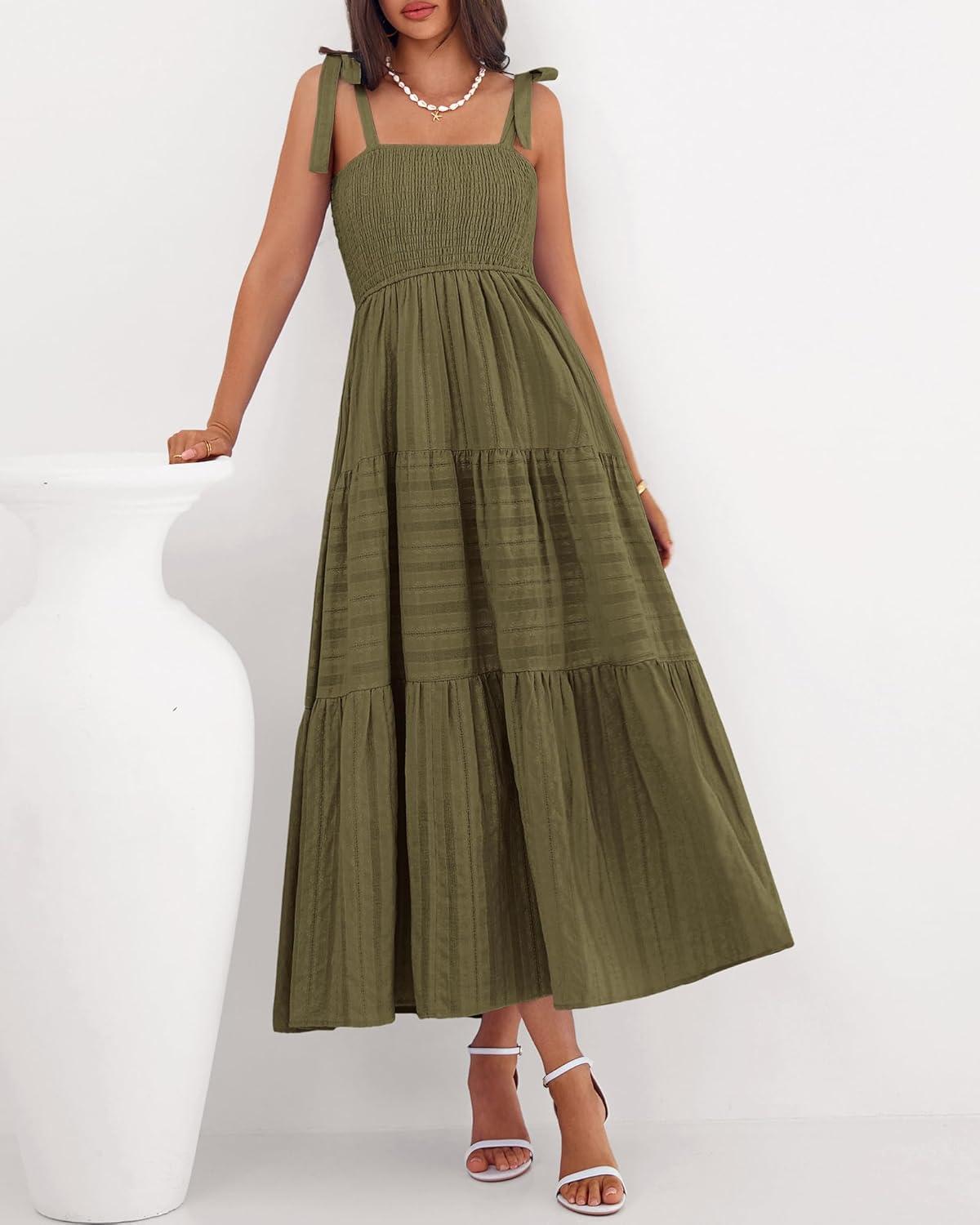 imageBTFBM Boho Maxi Dress Sleeveless Summer Dresses for Women 2026 Beach Vacation Smocked A Line Casual Sundress PocketsArmy Green