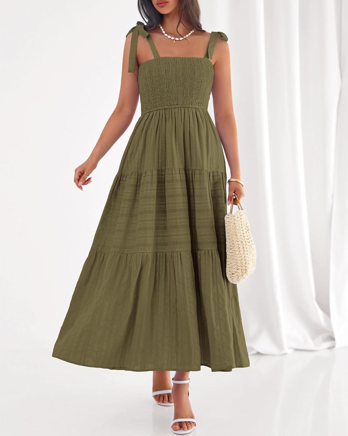 imageBTFBM Boho Maxi Dress Sleeveless Summer Dresses for Women 2026 Beach Vacation Smocked A Line Casual Sundress PocketsArmy Green