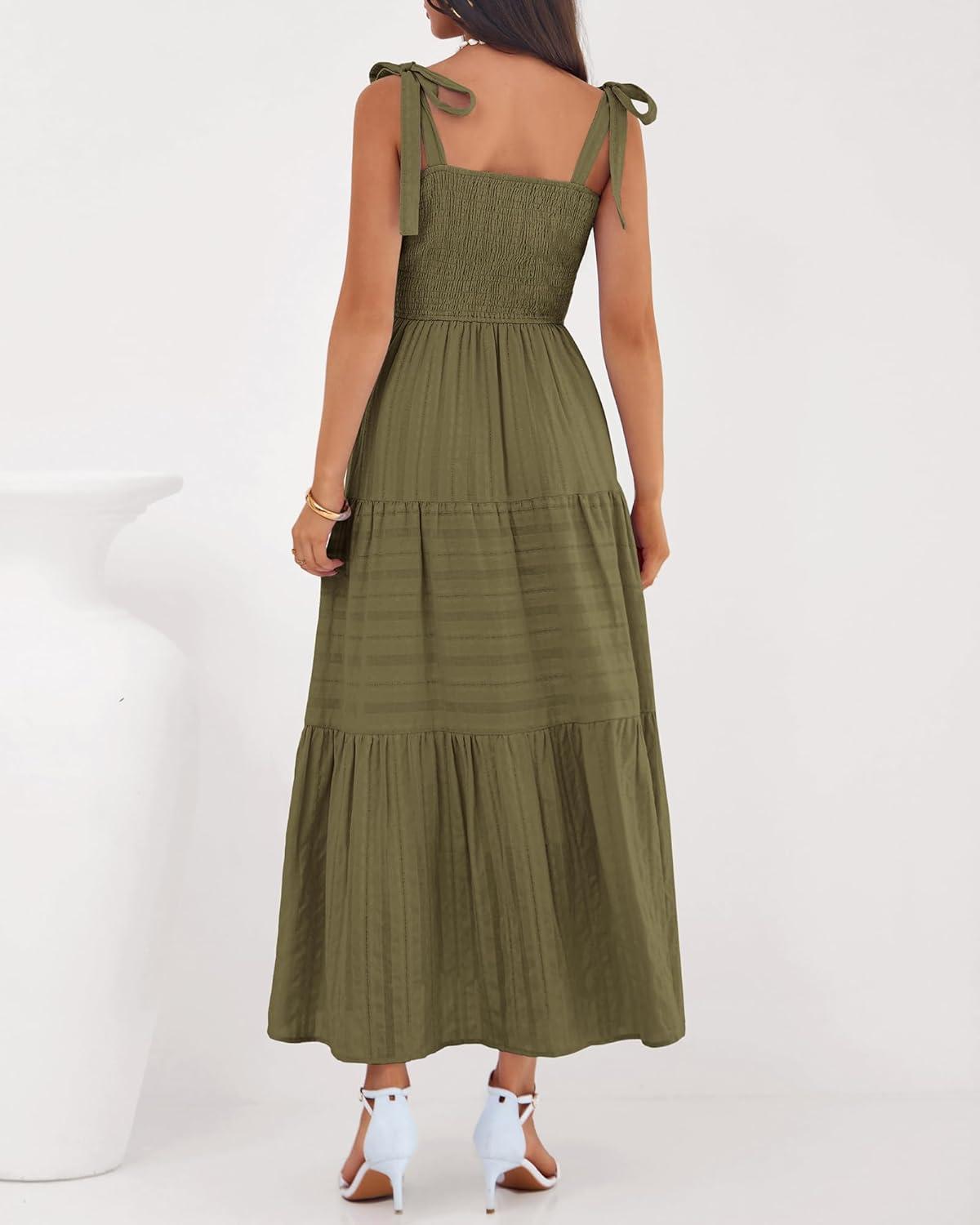 imageBTFBM Boho Maxi Dress Sleeveless Summer Dresses for Women 2026 Beach Vacation Smocked A Line Casual Sundress PocketsArmy Green