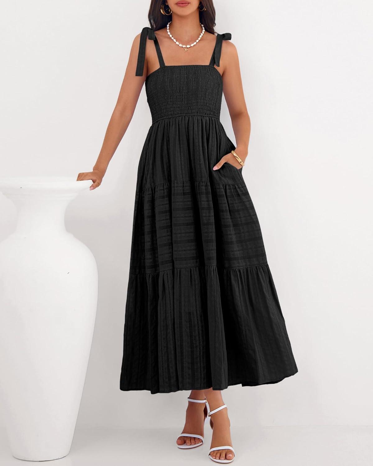 imageBTFBM Boho Maxi Dress Sleeveless Summer Dresses for Women 2026 Beach Vacation Smocked A Line Casual Sundress PocketsBlack