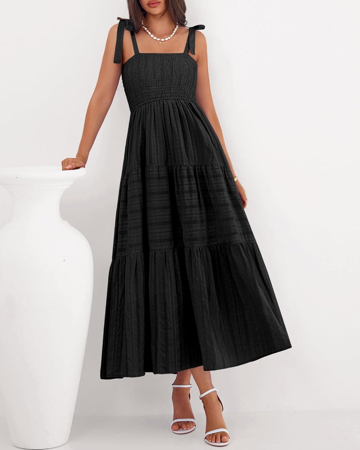 imageBTFBM Boho Maxi Dress Sleeveless Summer Dresses for Women 2026 Beach Vacation Smocked A Line Casual Sundress PocketsBlack