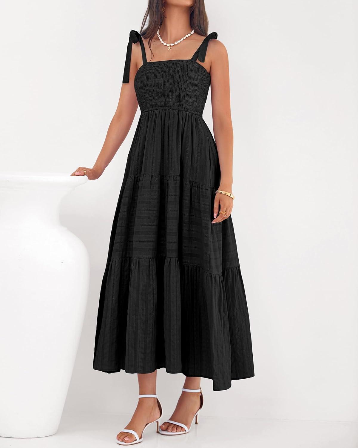 imageBTFBM Boho Maxi Dress Sleeveless Summer Dresses for Women 2026 Beach Vacation Smocked A Line Casual Sundress PocketsBlack