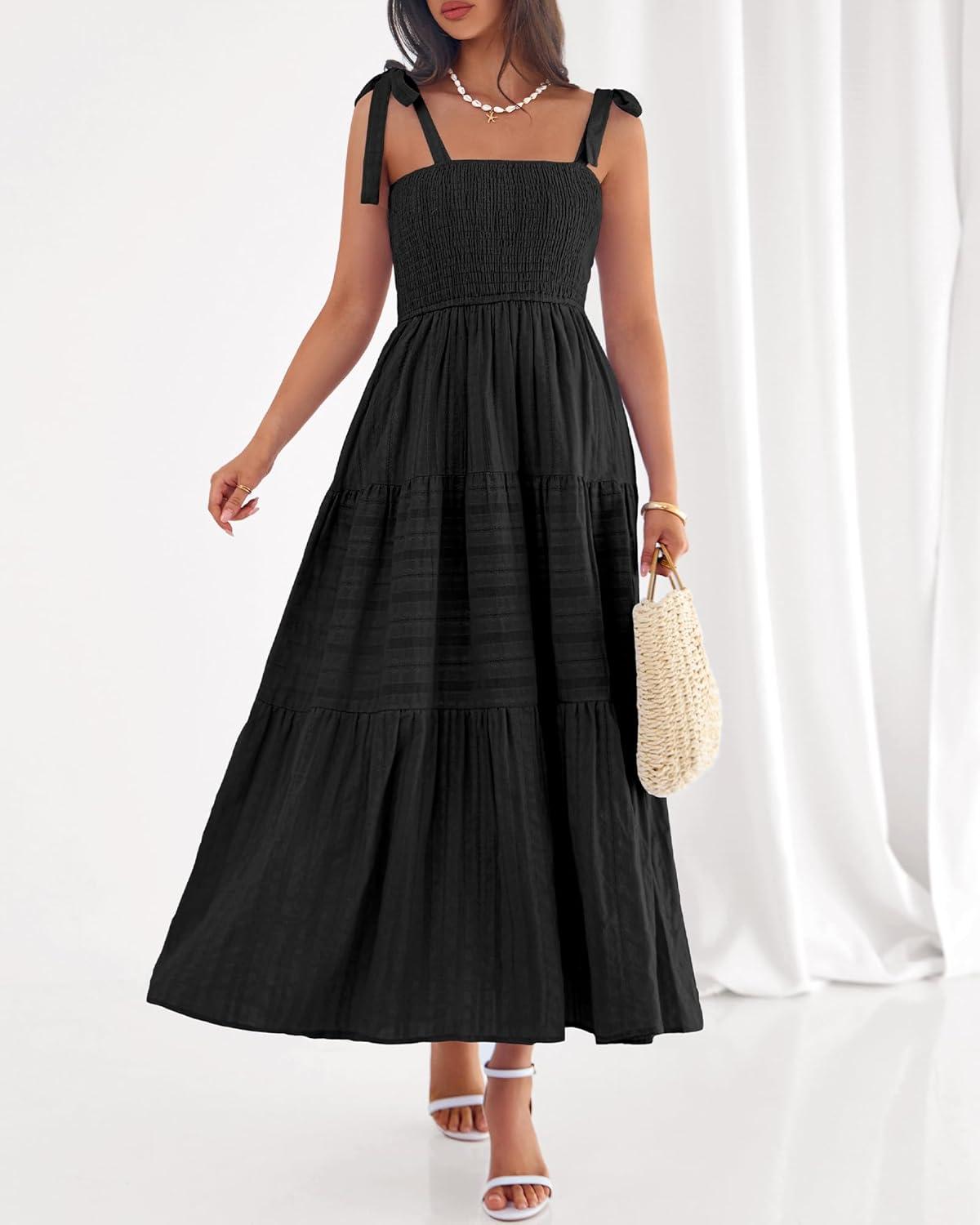 imageBTFBM Boho Maxi Dress Sleeveless Summer Dresses for Women 2026 Beach Vacation Smocked A Line Casual Sundress PocketsBlack