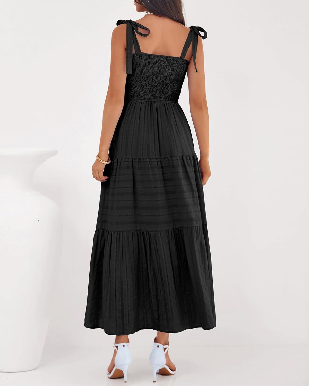 imageBTFBM Boho Maxi Dress Sleeveless Summer Dresses for Women 2026 Beach Vacation Smocked A Line Casual Sundress PocketsBlack