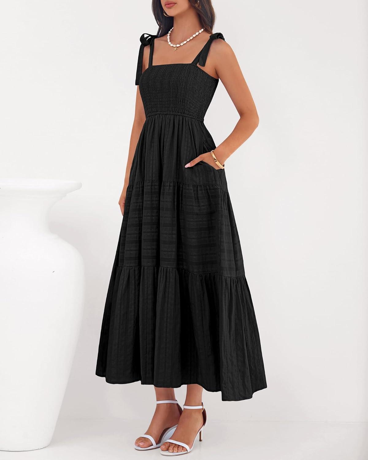 imageBTFBM Boho Maxi Dress Sleeveless Summer Dresses for Women 2026 Beach Vacation Smocked A Line Casual Sundress PocketsBlack