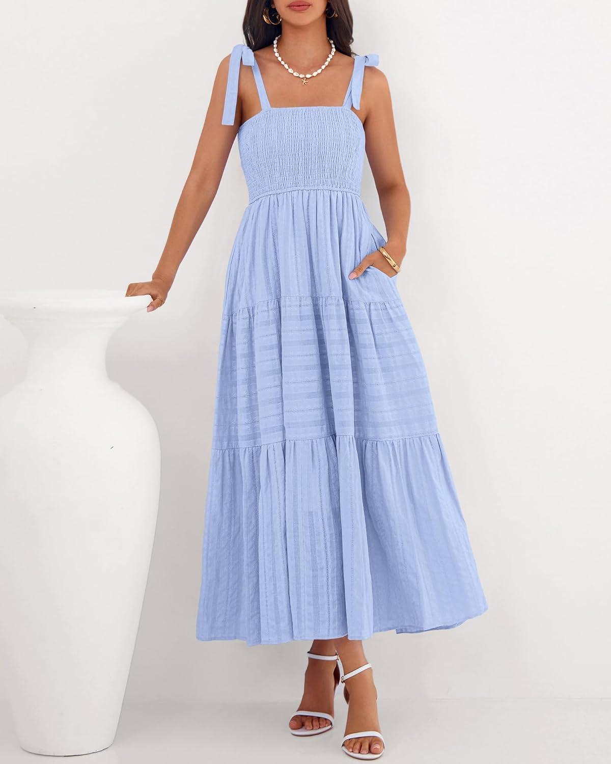 imageBTFBM Boho Maxi Dress Sleeveless Summer Dresses for Women 2026 Beach Vacation Smocked A Line Casual Sundress PocketsLight Blue