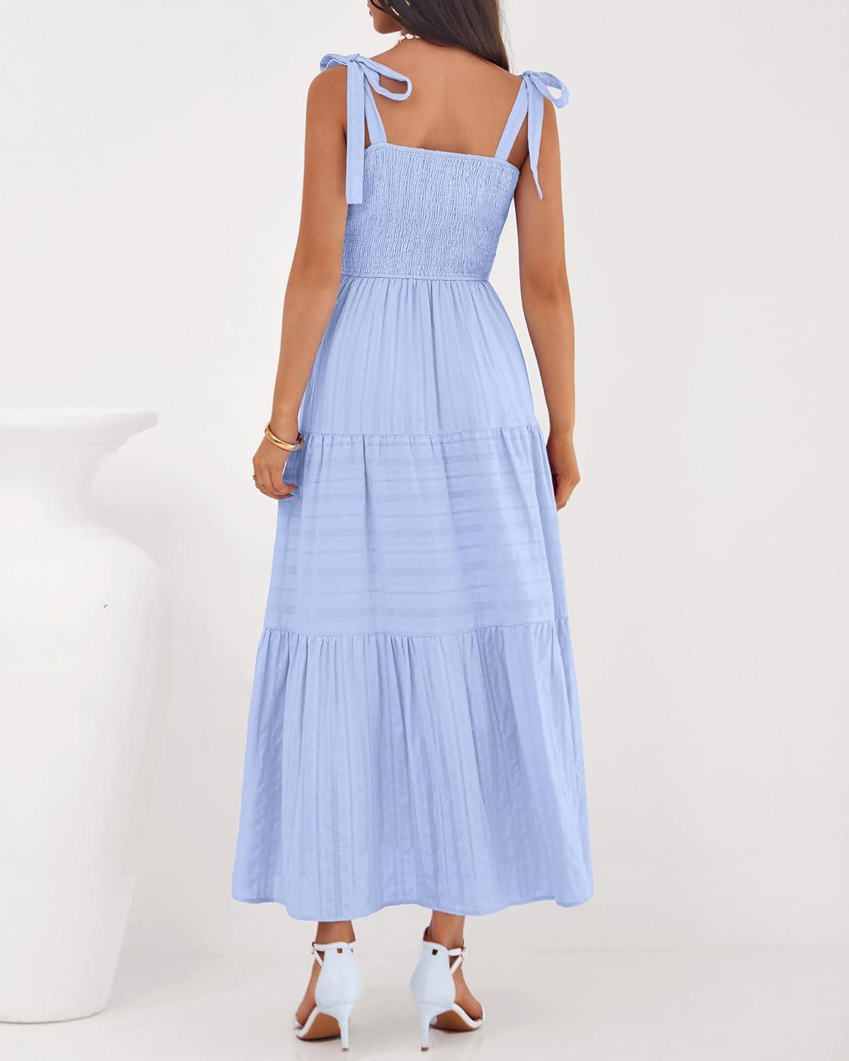 imageBTFBM Boho Maxi Dress Sleeveless Summer Dresses for Women 2026 Beach Vacation Smocked A Line Casual Sundress PocketsLight Blue