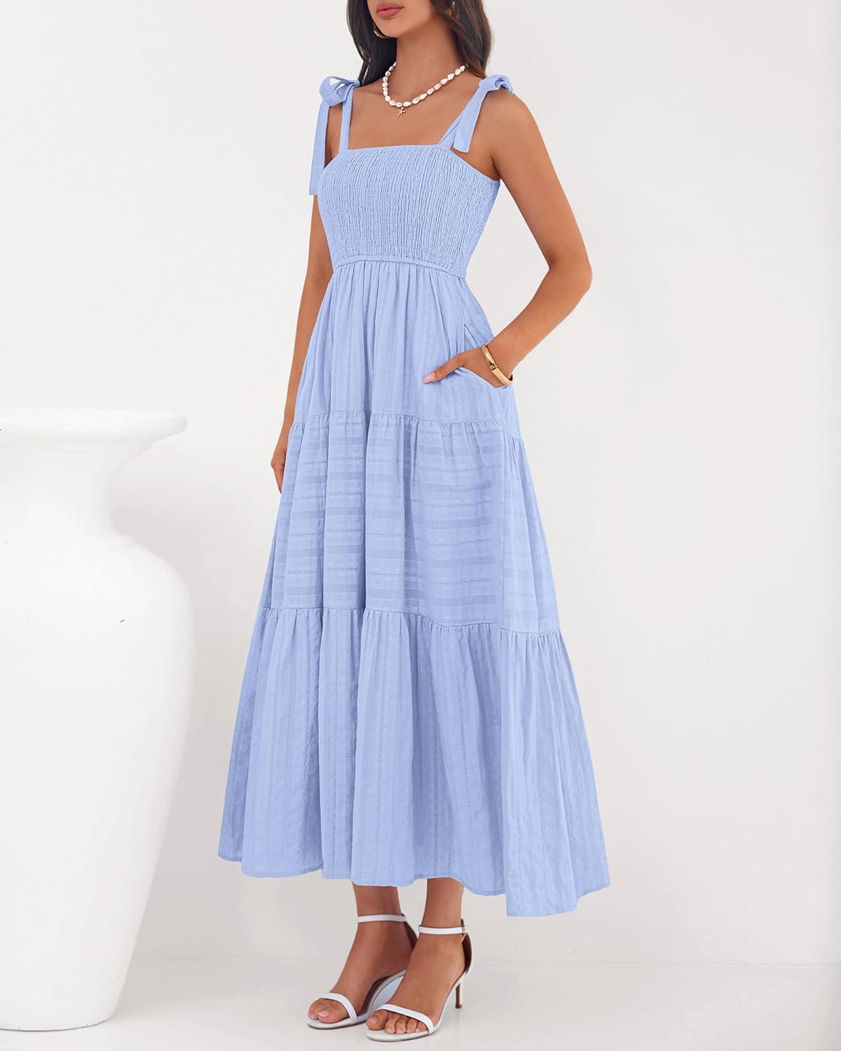 imageBTFBM Boho Maxi Dress Sleeveless Summer Dresses for Women 2026 Beach Vacation Smocked A Line Casual Sundress PocketsLight Blue