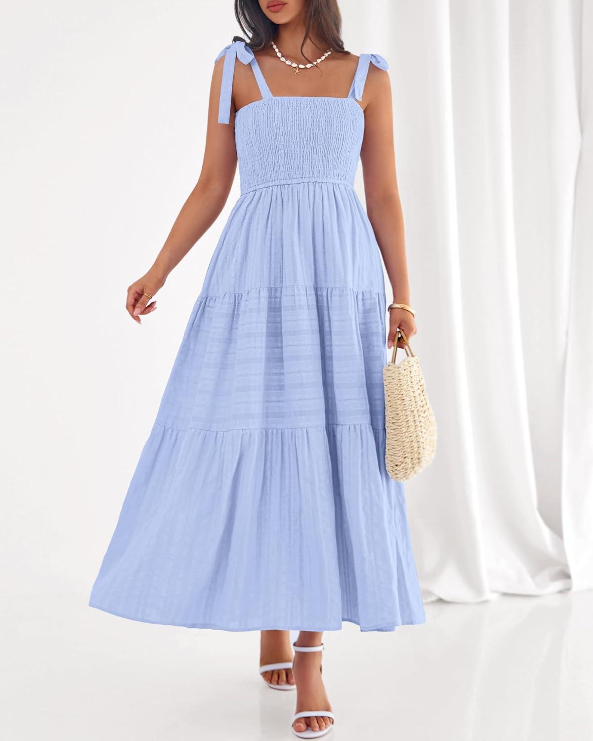 imageBTFBM Boho Maxi Dress Sleeveless Summer Dresses for Women 2026 Beach Vacation Smocked A Line Casual Sundress PocketsLight Blue