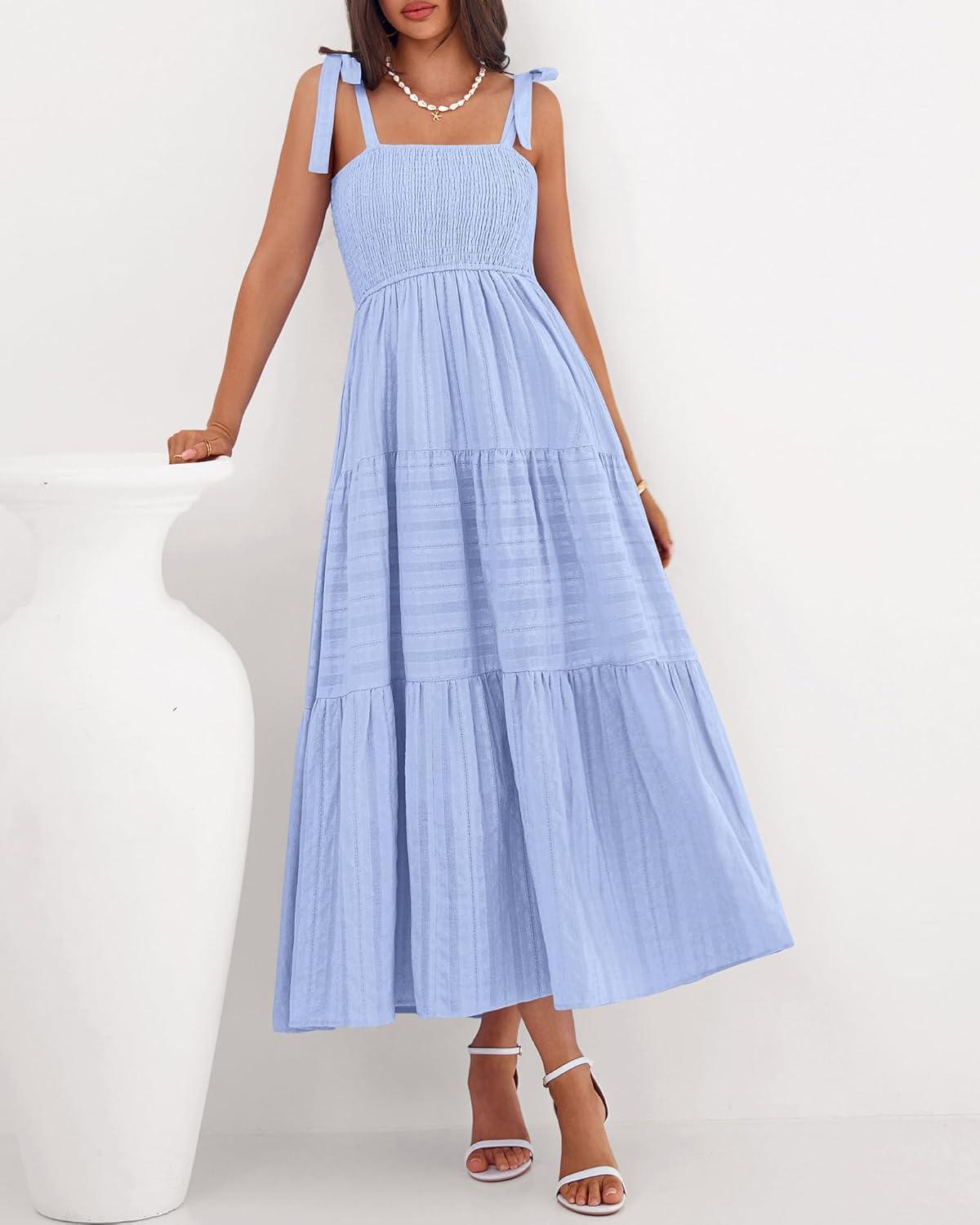 imageBTFBM Boho Maxi Dress Sleeveless Summer Dresses for Women 2026 Beach Vacation Smocked A Line Casual Sundress PocketsLight Blue