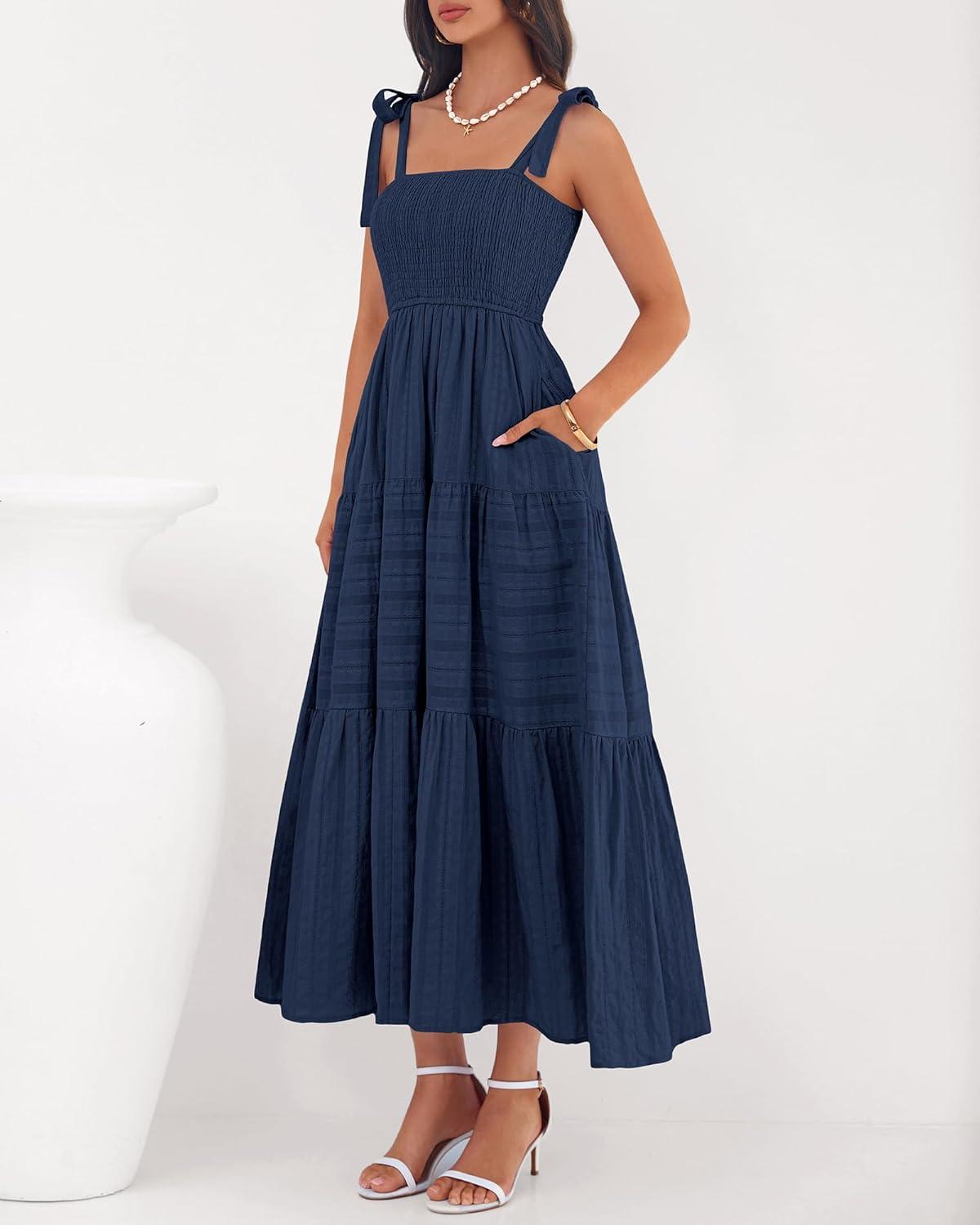 imageBTFBM Boho Maxi Dress Sleeveless Summer Dresses for Women 2026 Beach Vacation Smocked A Line Casual Sundress PocketsNavy Blue