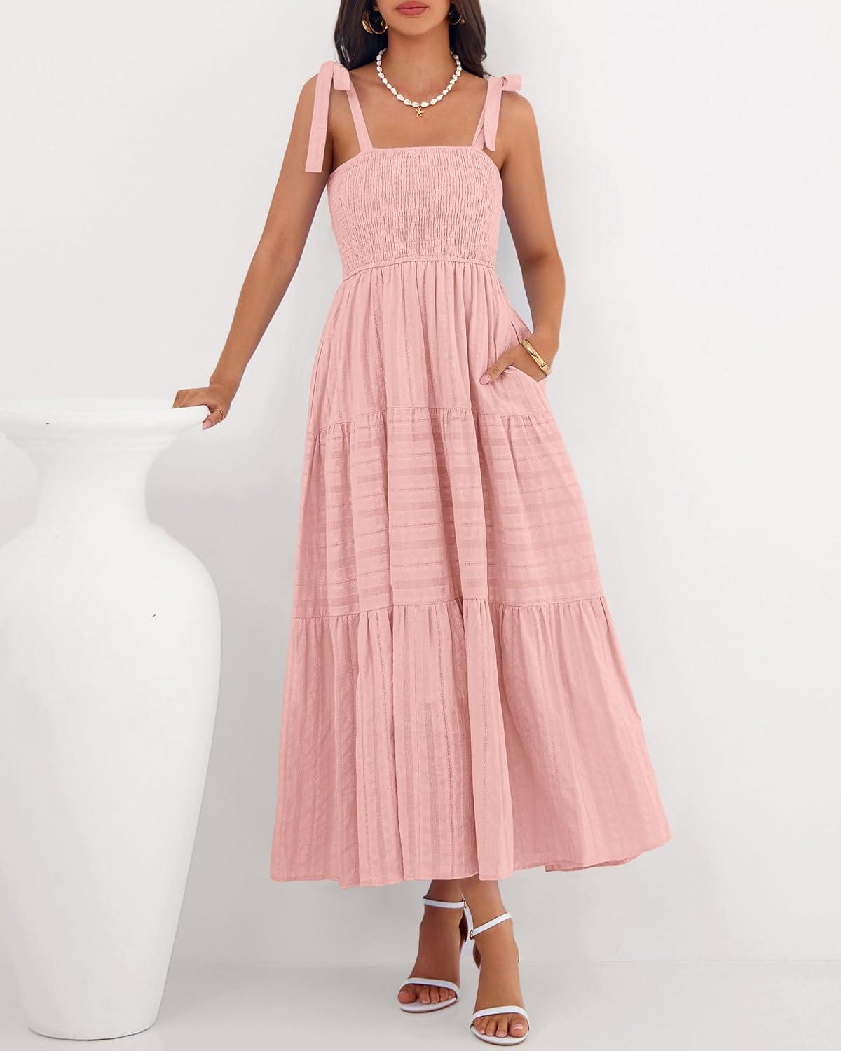 imageBTFBM Boho Maxi Dress Sleeveless Summer Dresses for Women 2026 Beach Vacation Smocked A Line Casual Sundress PocketsPink