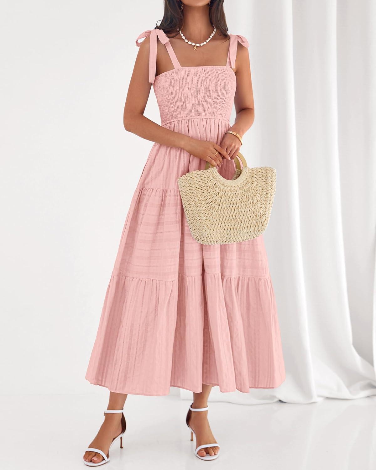 imageBTFBM Boho Maxi Dress Sleeveless Summer Dresses for Women 2026 Beach Vacation Smocked A Line Casual Sundress PocketsPink