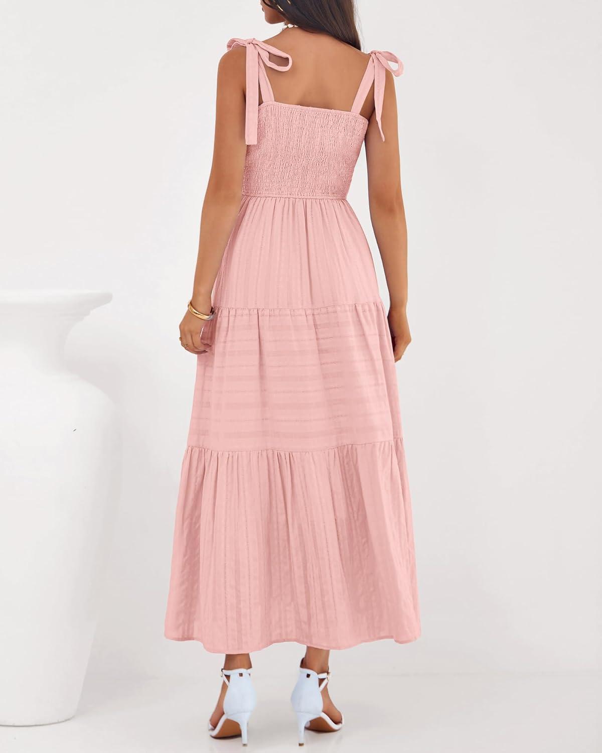 imageBTFBM Boho Maxi Dress Sleeveless Summer Dresses for Women 2026 Beach Vacation Smocked A Line Casual Sundress PocketsPink
