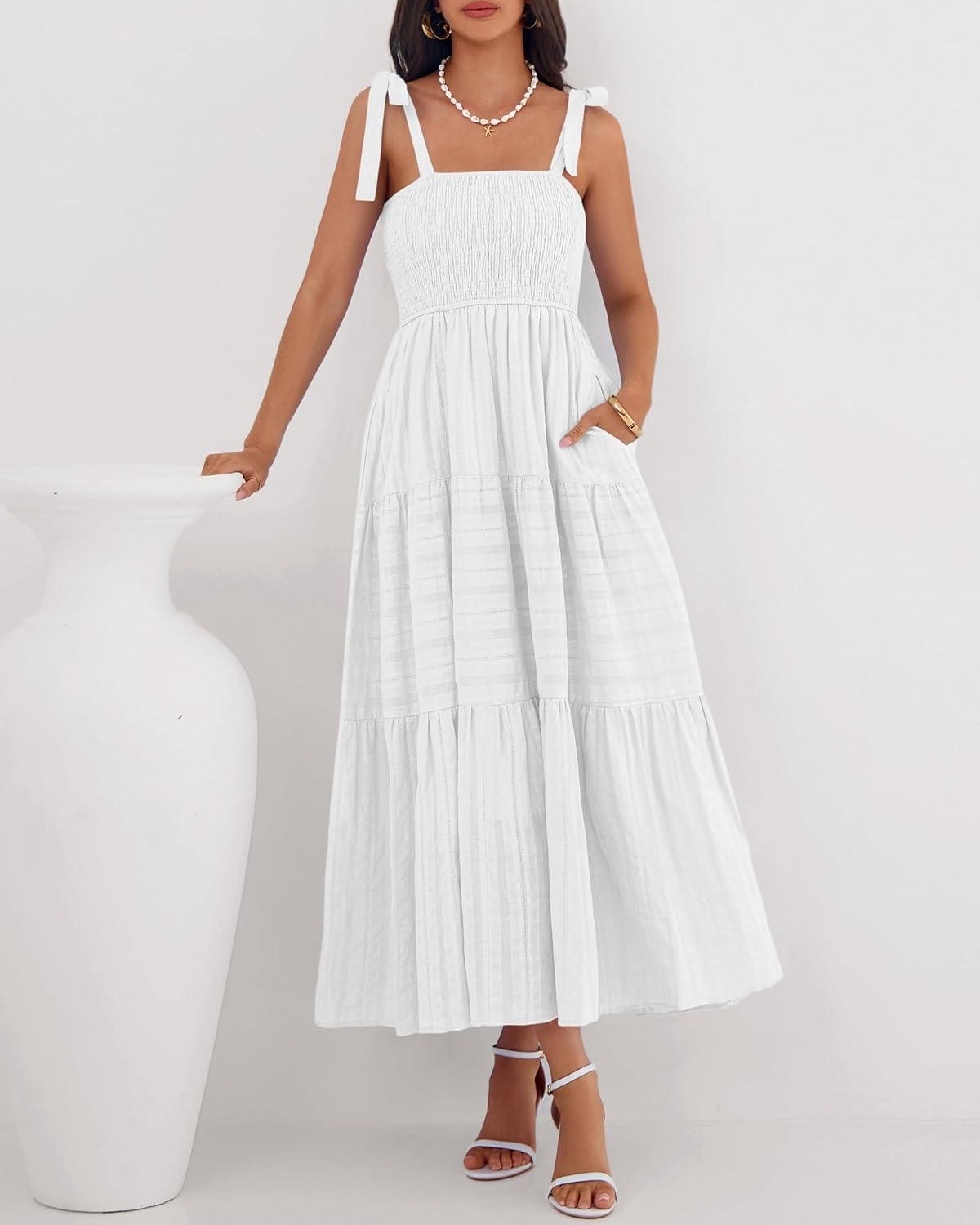 imageBTFBM Boho Maxi Dress Sleeveless Summer Dresses for Women 2026 Beach Vacation Smocked A Line Casual Sundress PocketsWhite