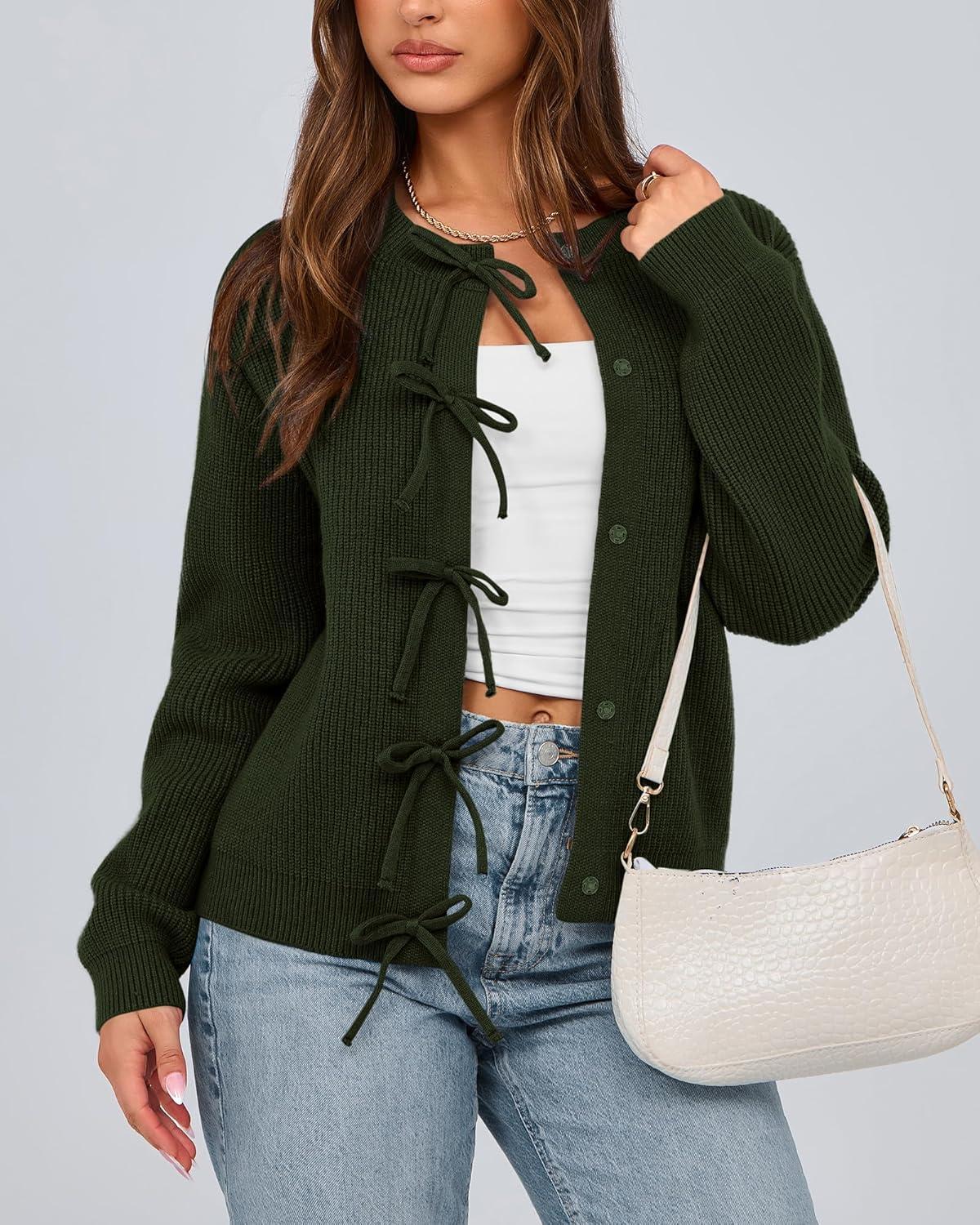 imageBTFBM Bow Cardigan Sweaters for Women Trendy 2025 Fall Winter Open Front Long Sleeve Button Down Cropped Lady JacketArmy Green
