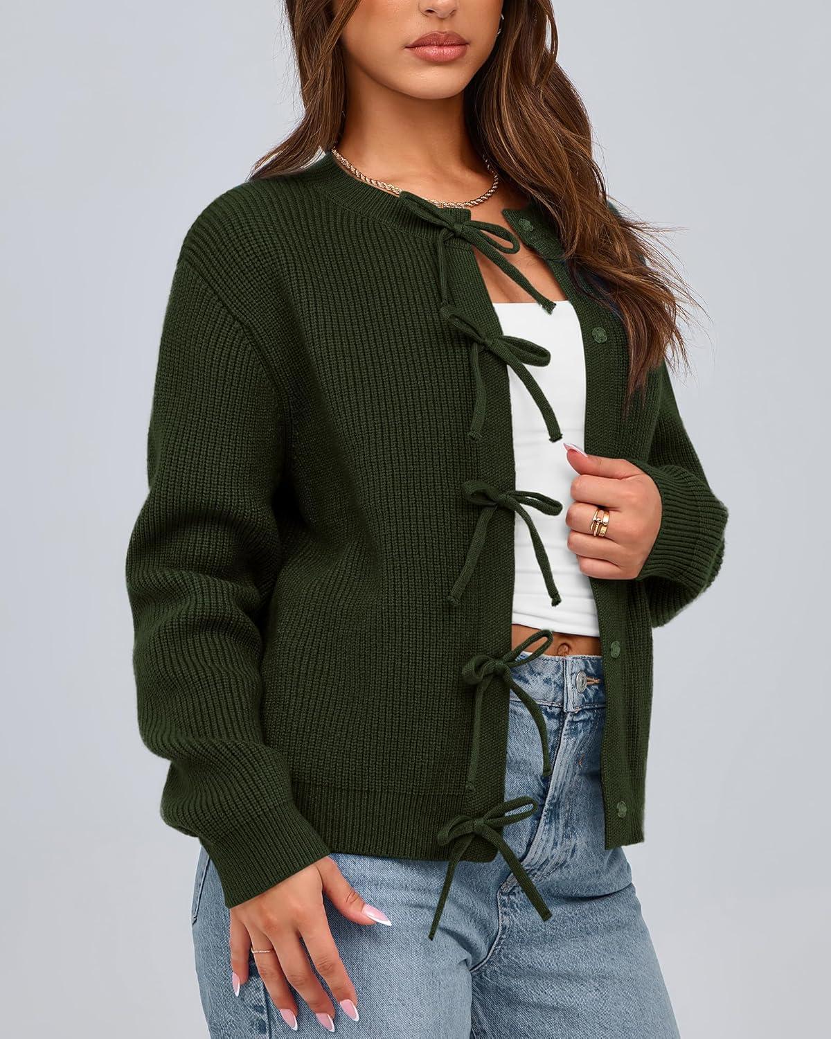 imageBTFBM Bow Cardigan Sweaters for Women Trendy 2025 Fall Winter Open Front Long Sleeve Button Down Cropped Lady JacketArmy Green