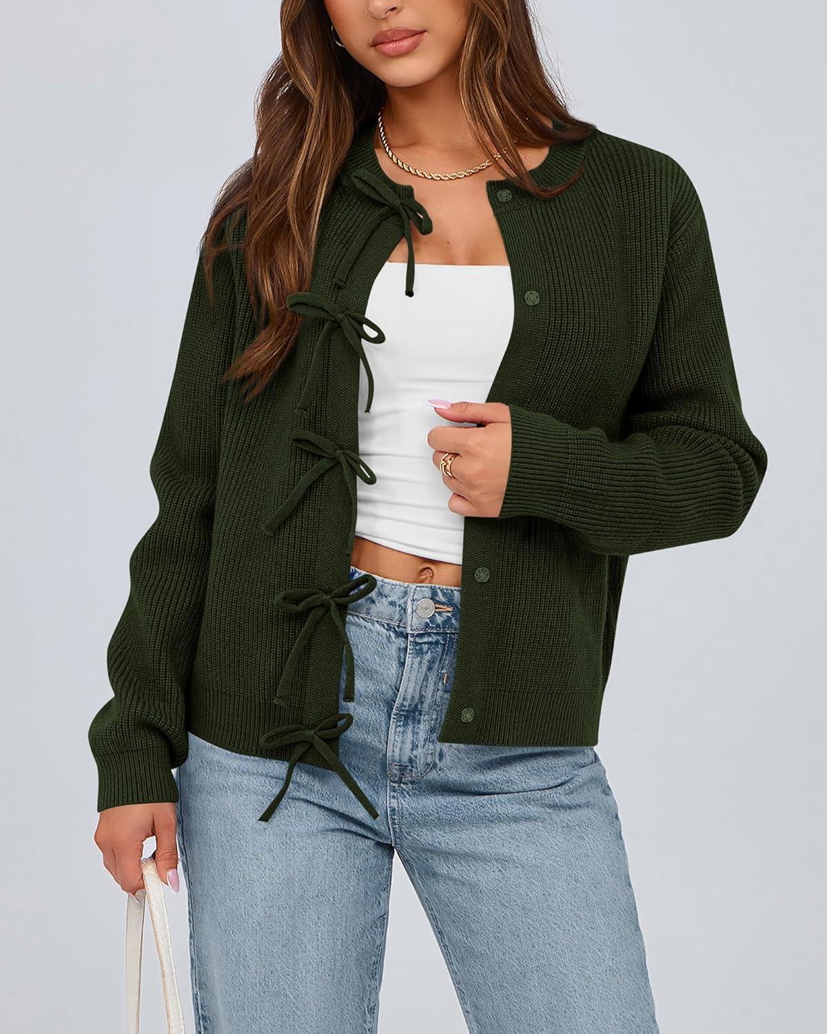 imageBTFBM Bow Cardigan Sweaters for Women Trendy 2025 Fall Winter Open Front Long Sleeve Button Down Cropped Lady JacketArmy Green