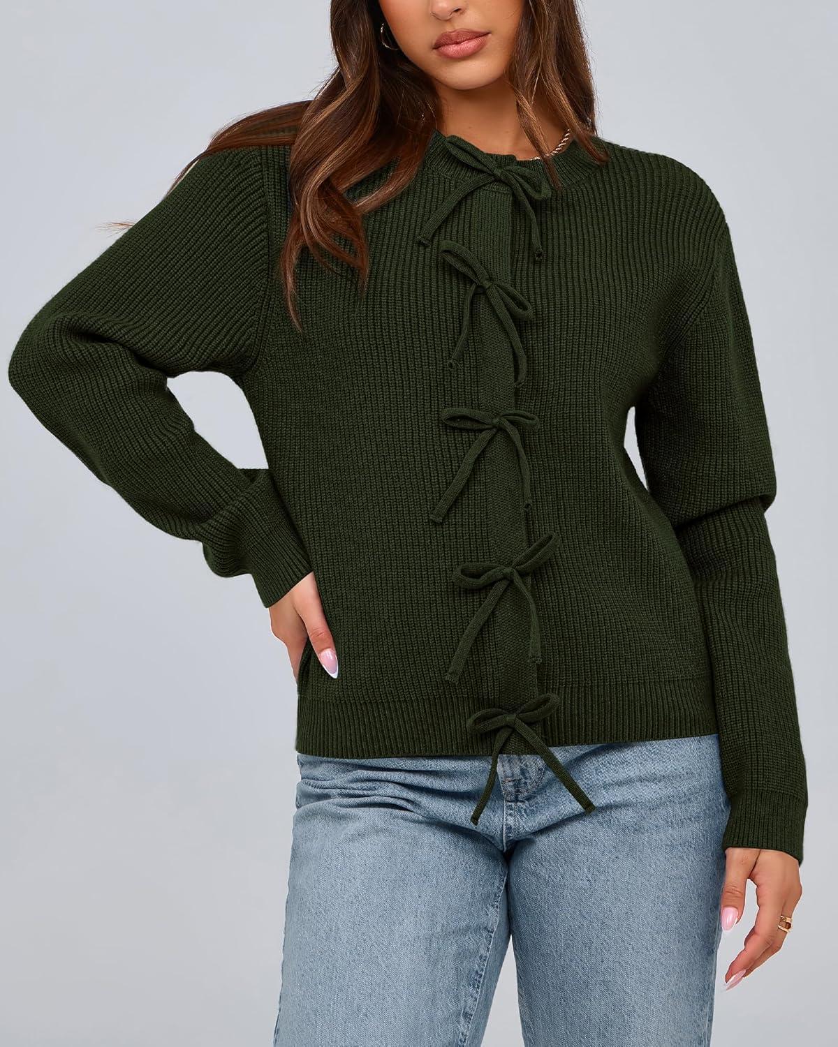 imageBTFBM Bow Cardigan Sweaters for Women Trendy 2025 Fall Winter Open Front Long Sleeve Button Down Cropped Lady JacketArmy Green
