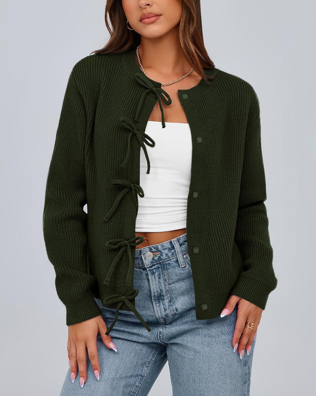 imageBTFBM Bow Cardigan Sweaters for Women Trendy 2025 Fall Winter Open Front Long Sleeve Button Down Cropped Lady JacketArmy Green